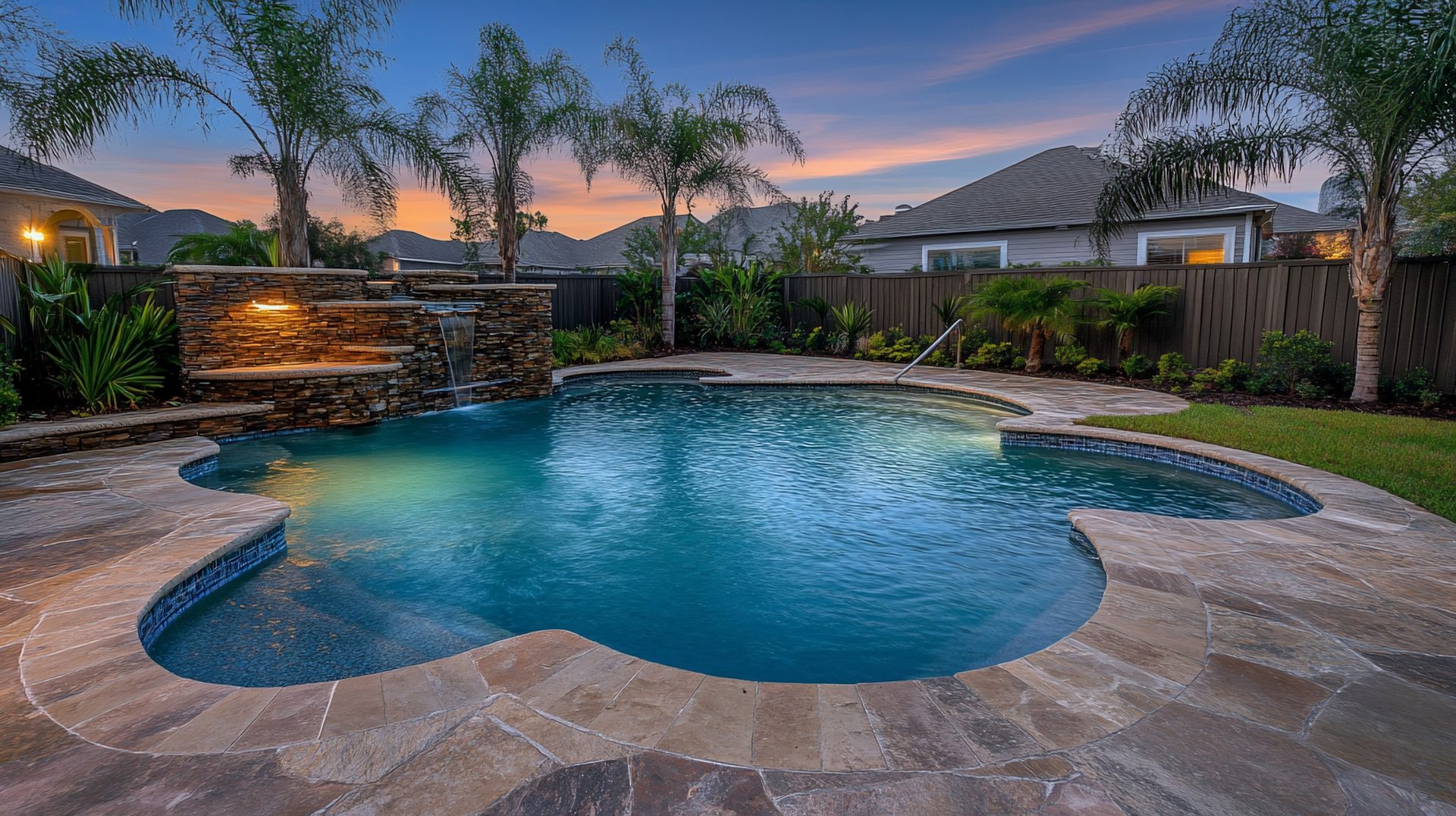Backyard freeform pool with a lit stone waterfall against a sunset sky