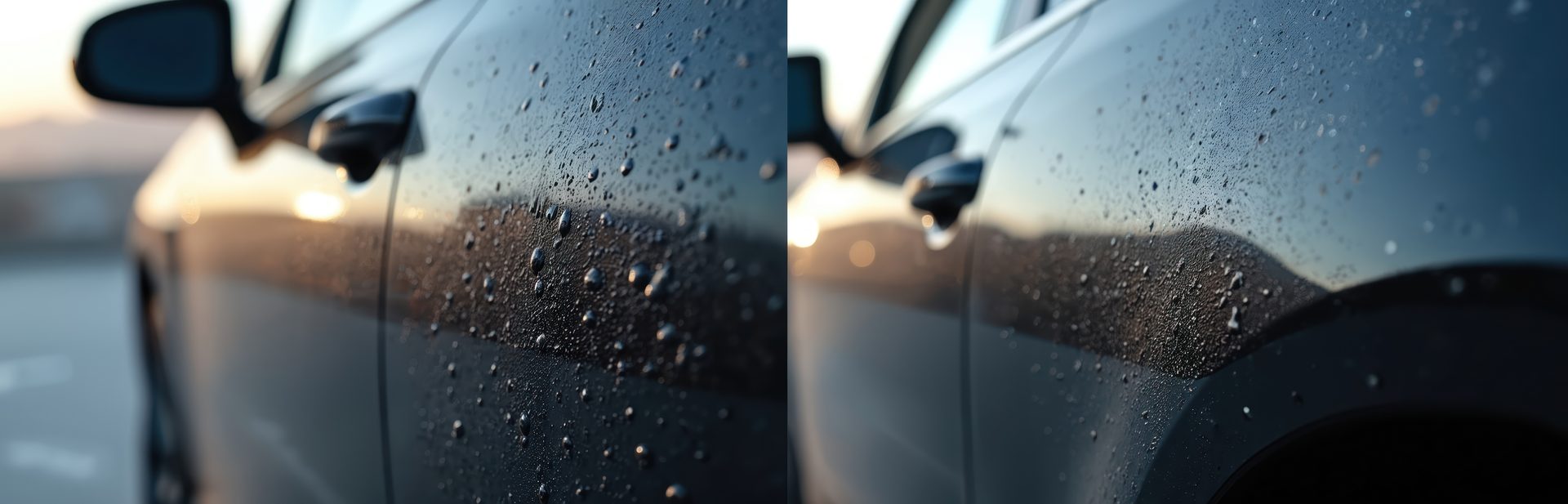 Wide before-and-after door-panel split at golden hour
