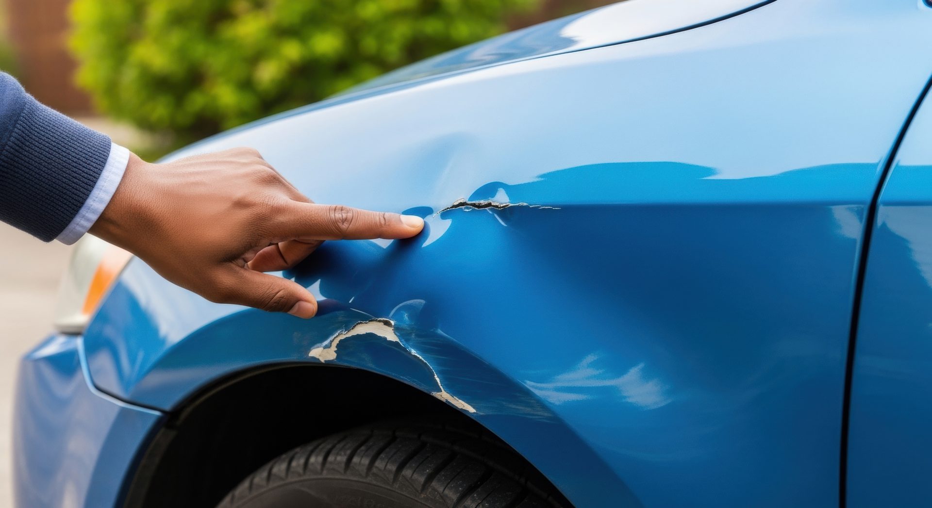 Hand pointing out a crease along a blue fender