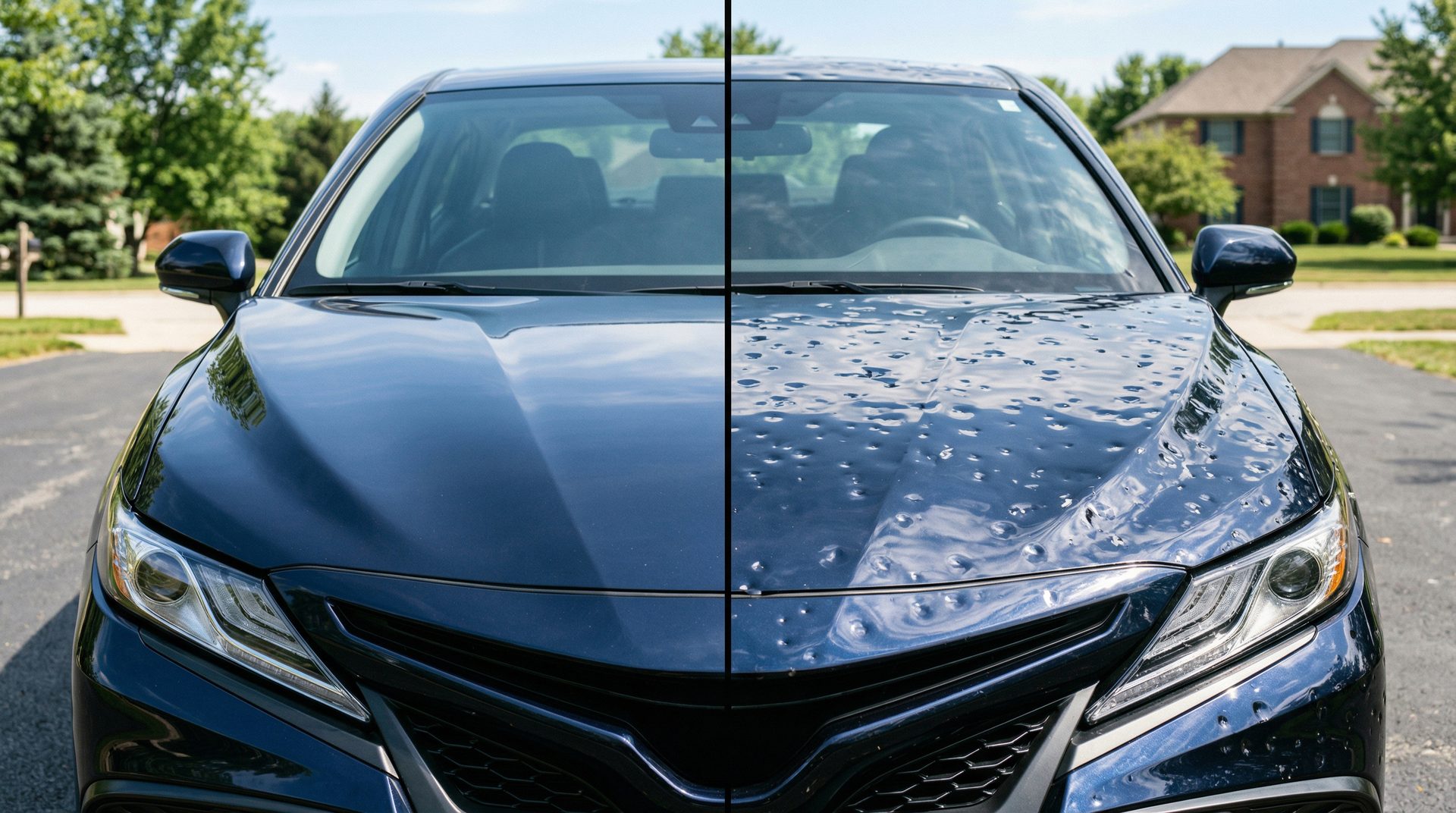 Before-and-after split on a dark car front, dimpled hail damage on one side, smooth restored paint on the other