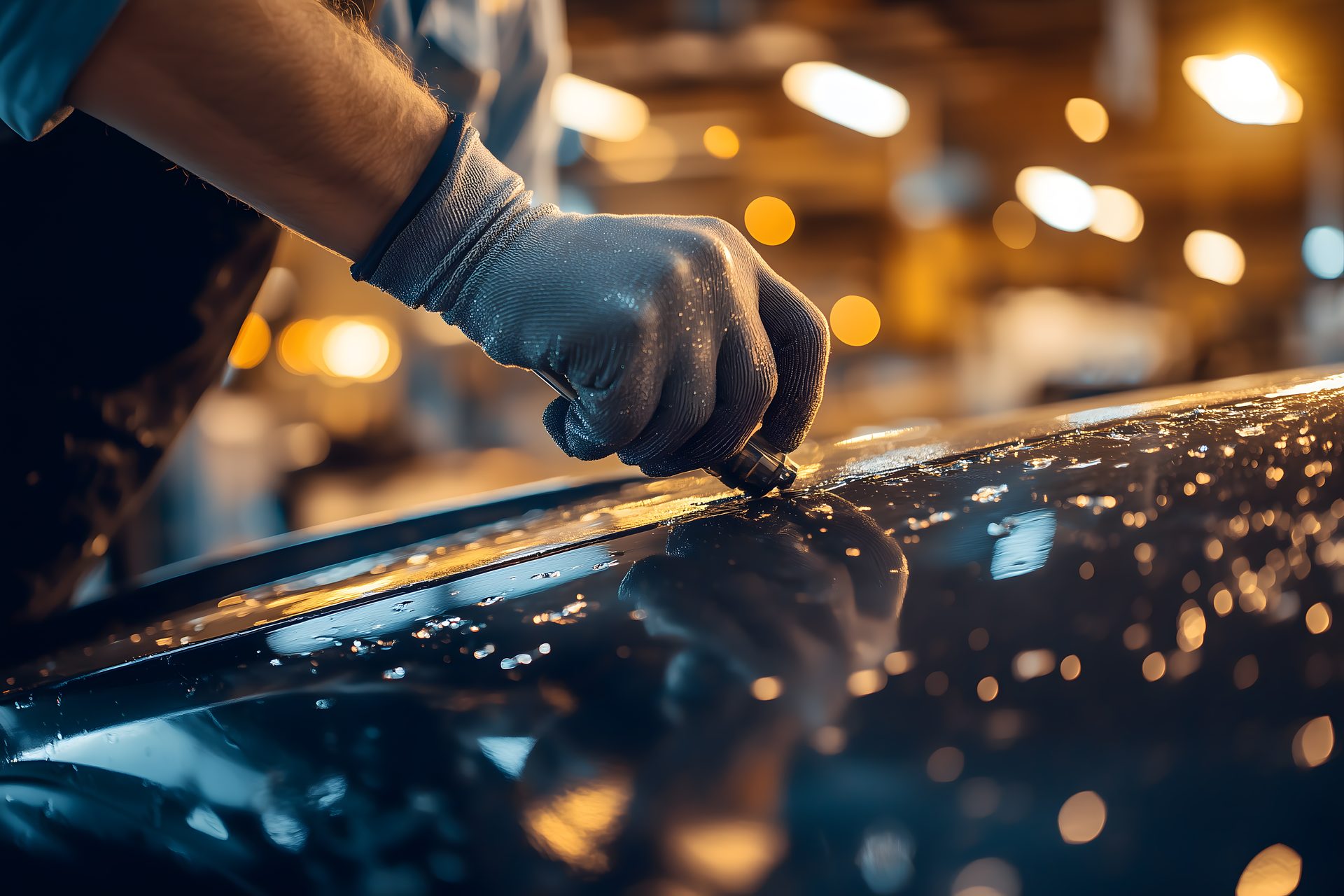 A gloved hand working a car panel in a bright workshop under warm golden light