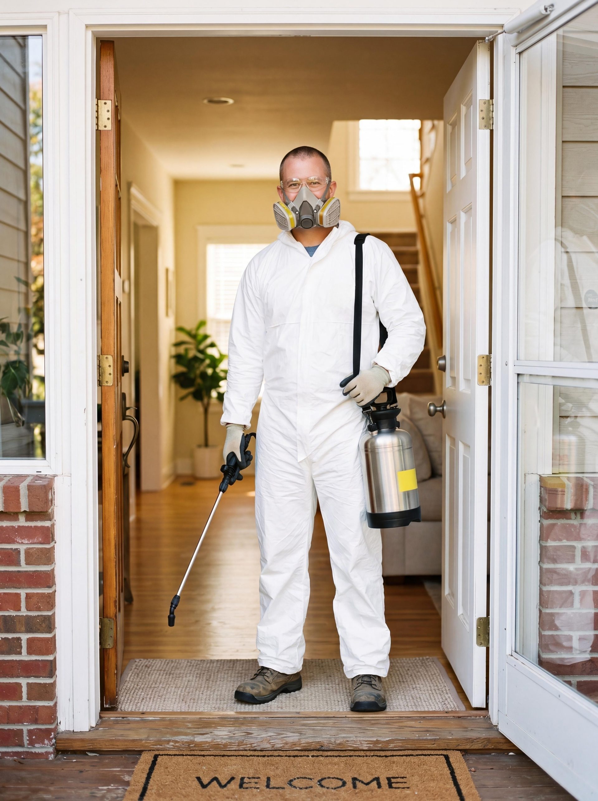 Anti-Pesto technician treating the front-door perimeter of a brick home