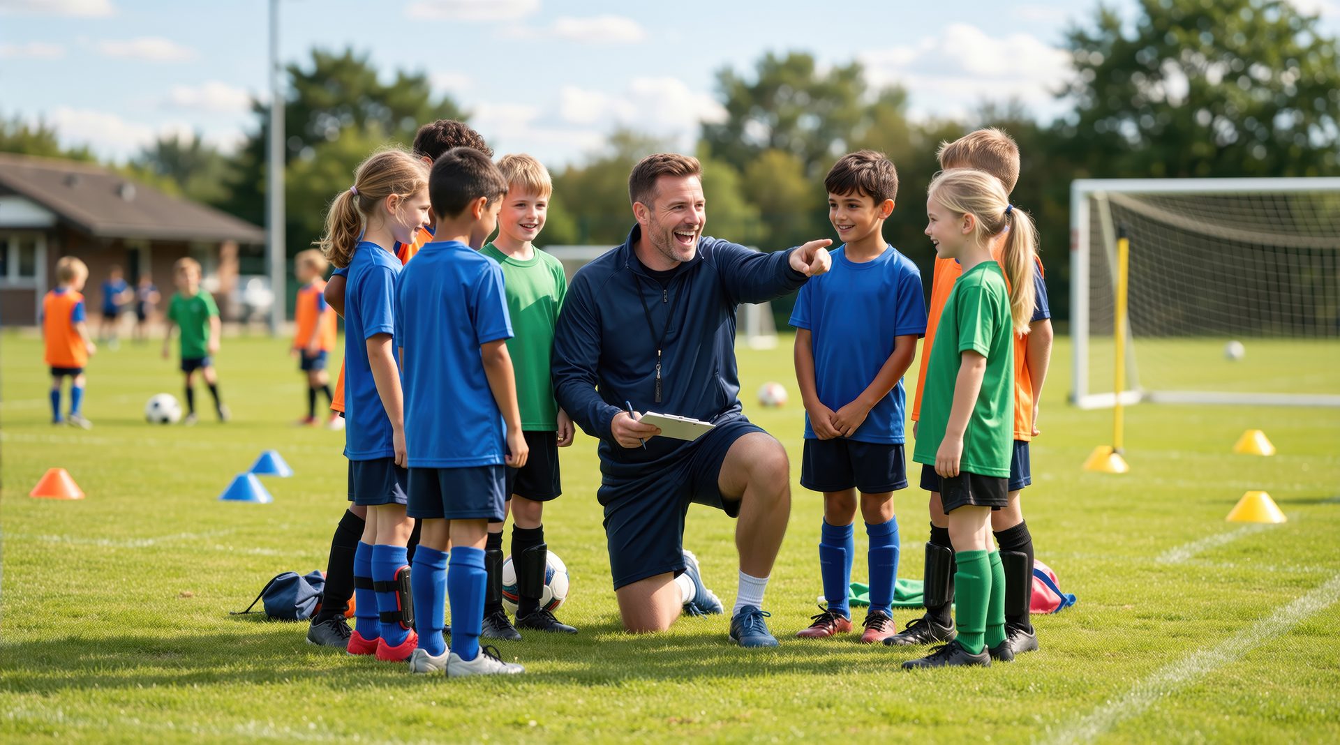 Breakaway coach kneeling and instructing young players around training cones