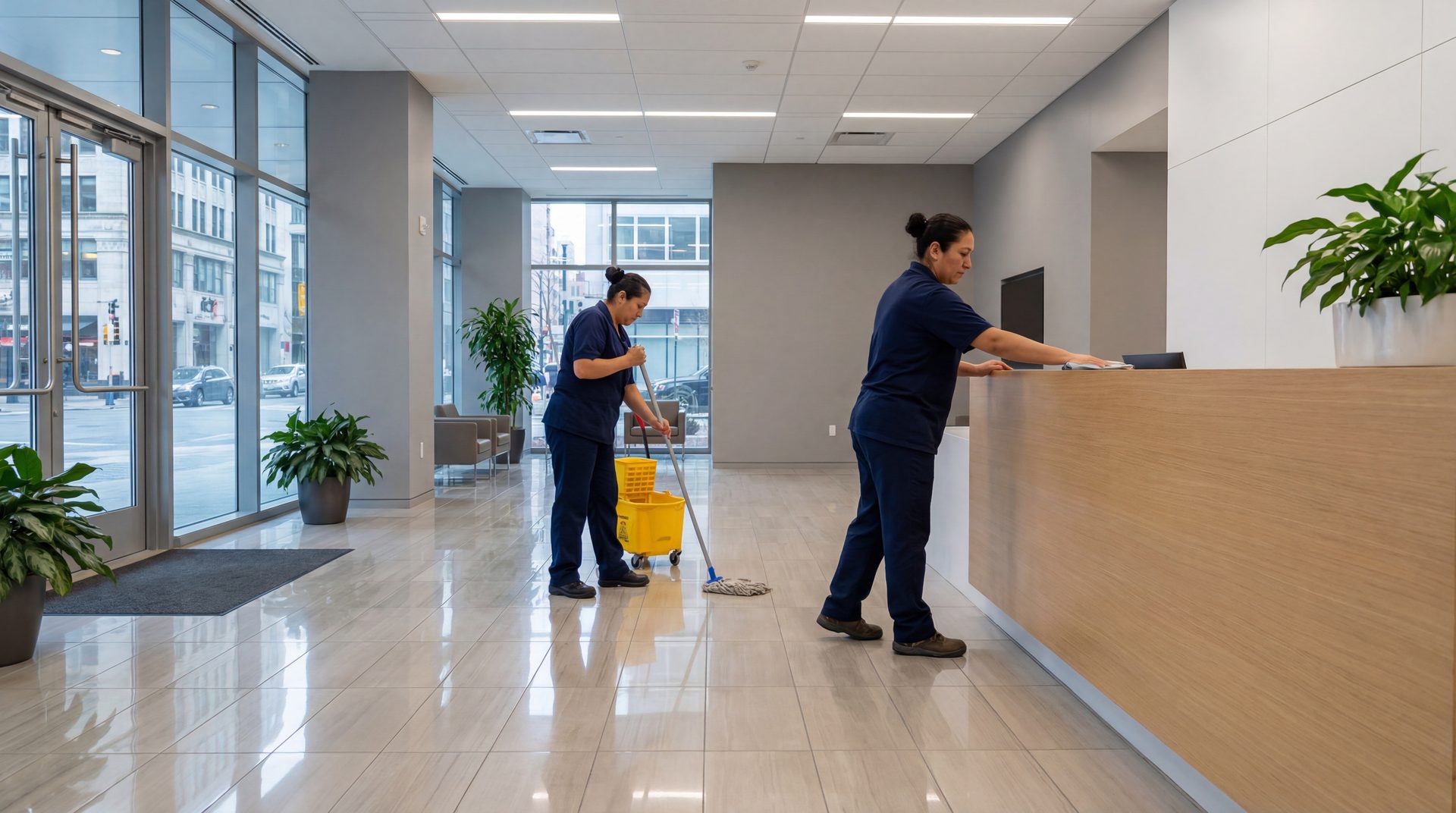 Brightwork crew finishing a commercial lobby, front desk and floors gleaming