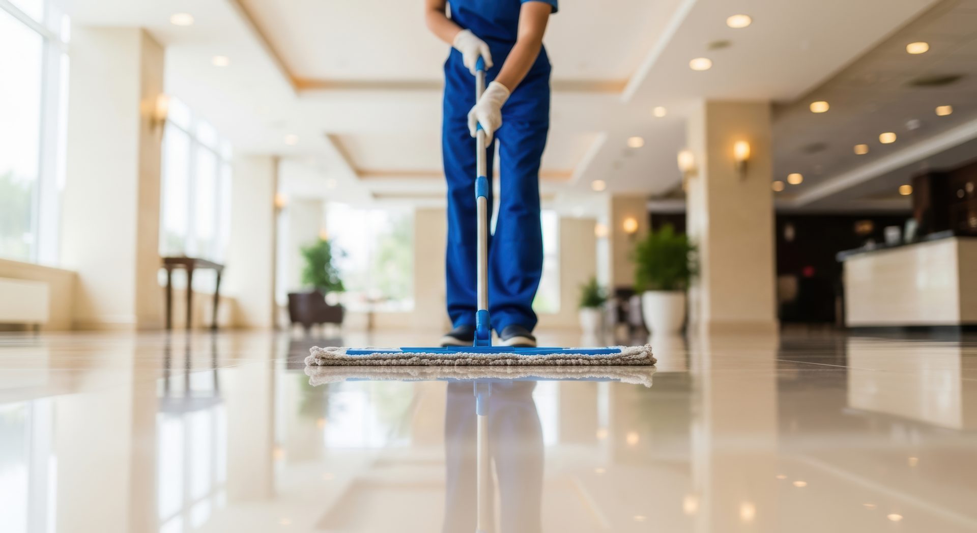 Brightwork cleaner finishing the lobby floor, dust mop on gleaming tile