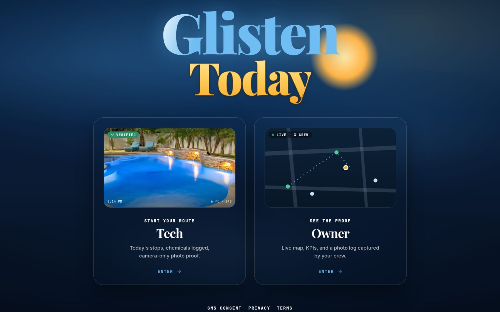 The working app's front door: two cards, one for the tech starting a route and one for the owner watching the live crew map
