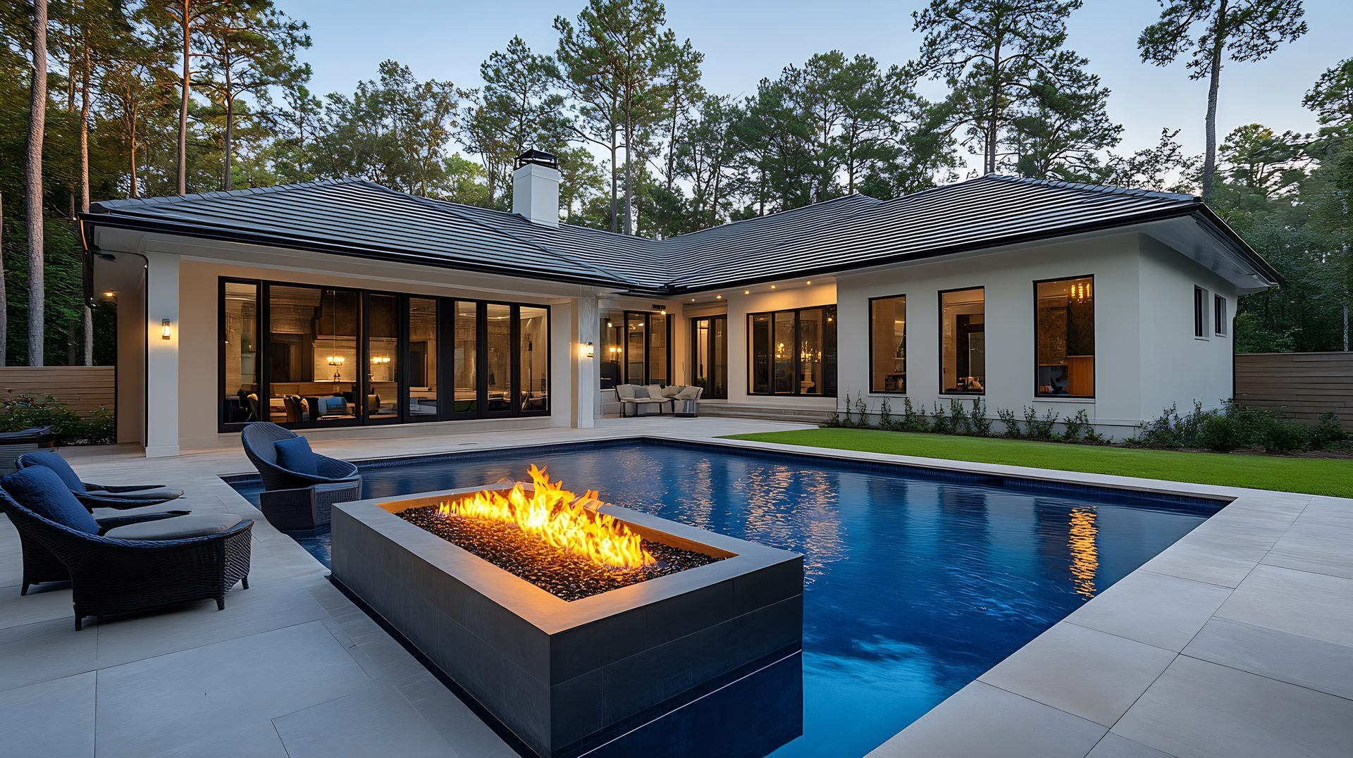 A serviced pool glowing at dusk behind a modern home, water clear and still, the GPS-verified proof photo