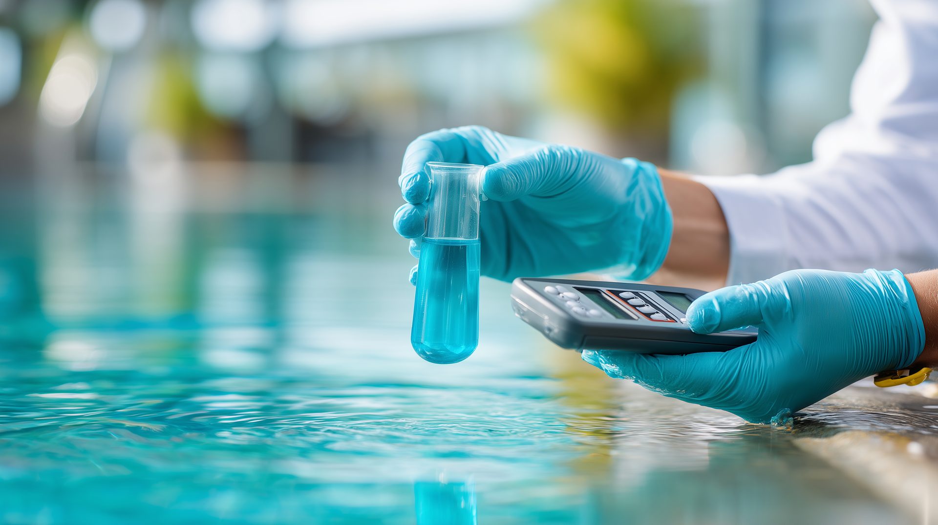 A gloved hand holding a water-test vial over clear turquoise pool water