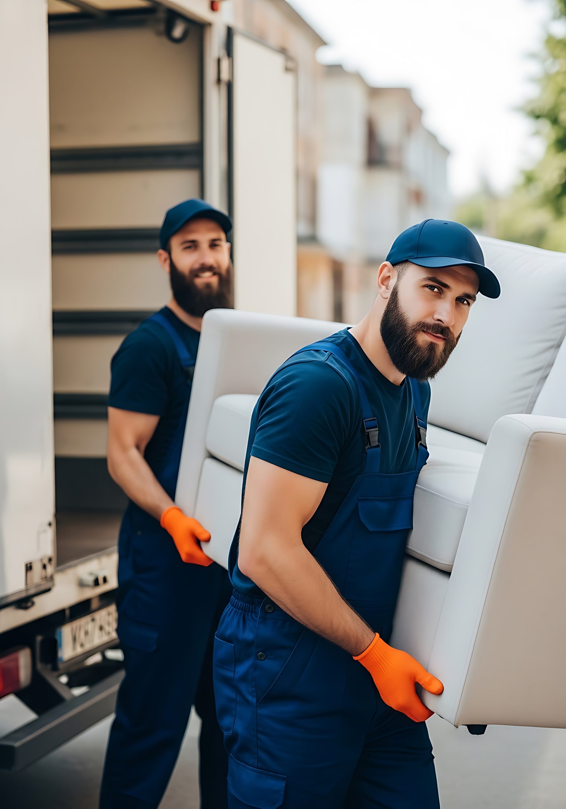 Two Haulwerks movers carrying a white sofa out of the truck