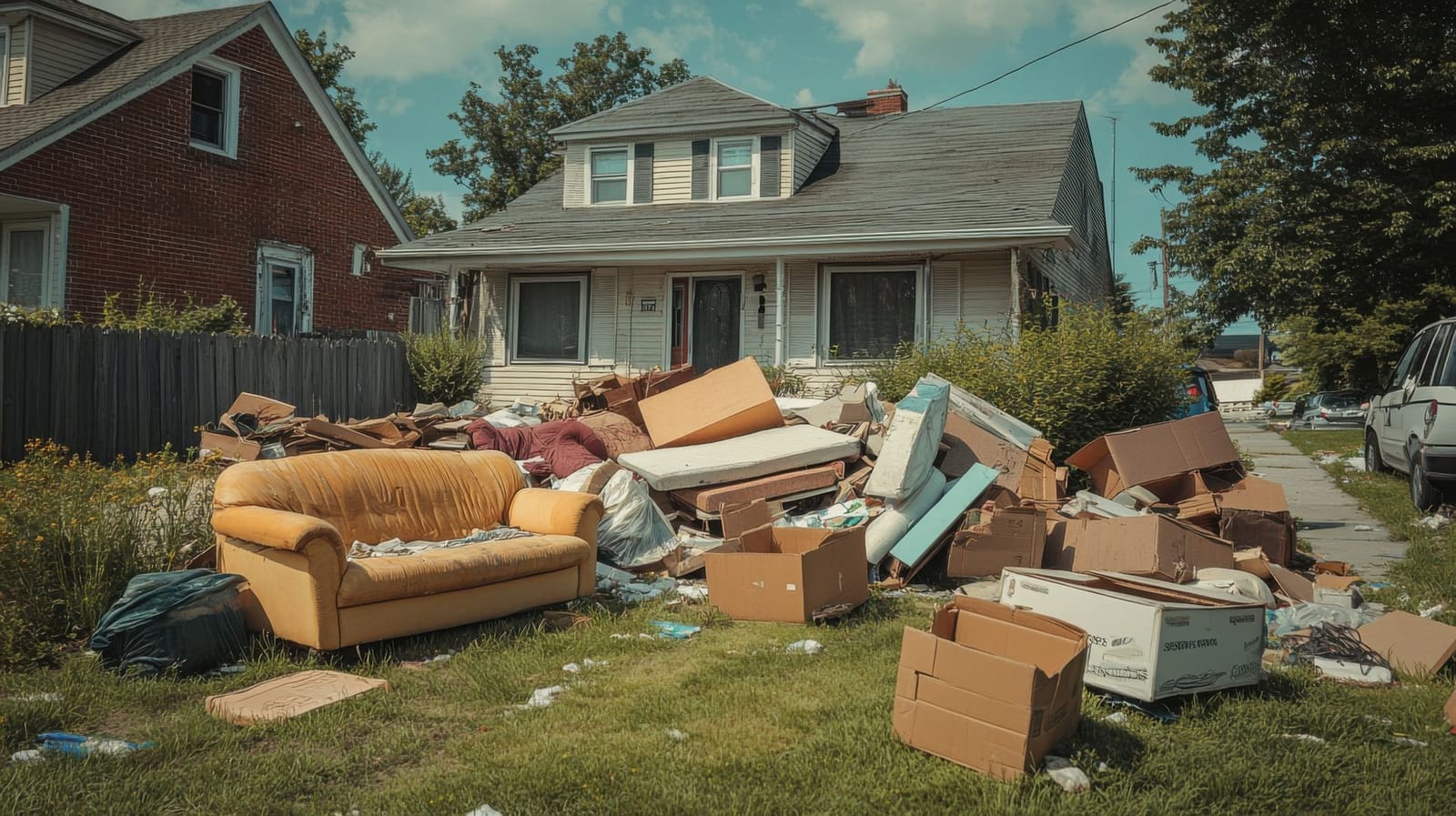 A front lawn piled with discarded furniture before the Haulwerks crew loads it