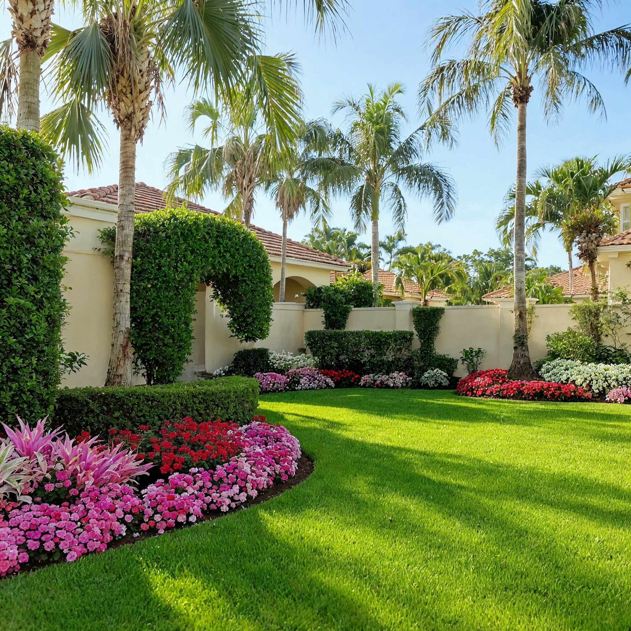 Lush landscaped garden with flower beds and palms