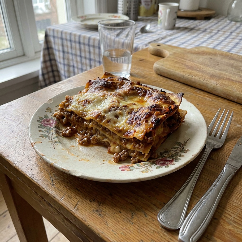 The home-cooked lasagna lunch the caregiver made, photographed for the family