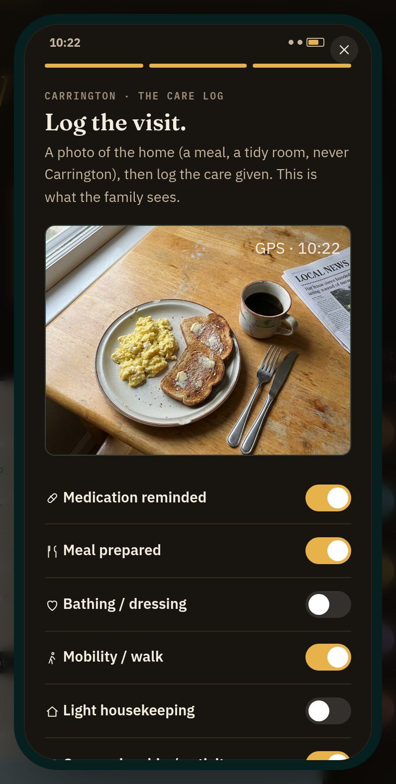 The caregiver phone at a visit: a line saying the photo is of the home and never the client, a photograph of a prepared breakfast stamped with the GPS and the time, and the care log below it.