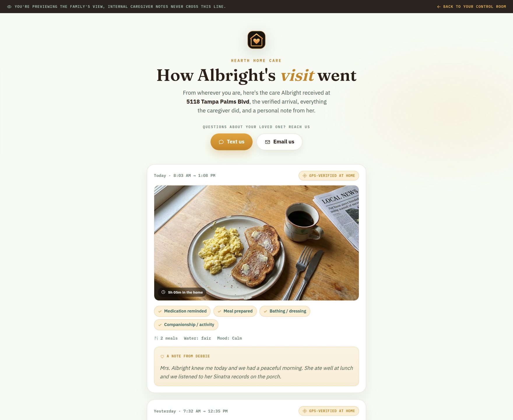 The family proof page: the visit headed How Albright’s visit went, the arrival and the hours, a GPS-verified chip, a photograph of the meal, the care checklist and a note from the caregiver.