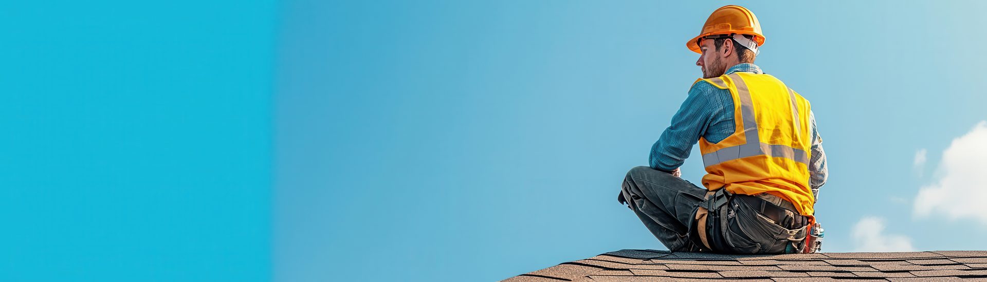 Ironclad roofer on a freshly installed shingle roof against a clear blue sky