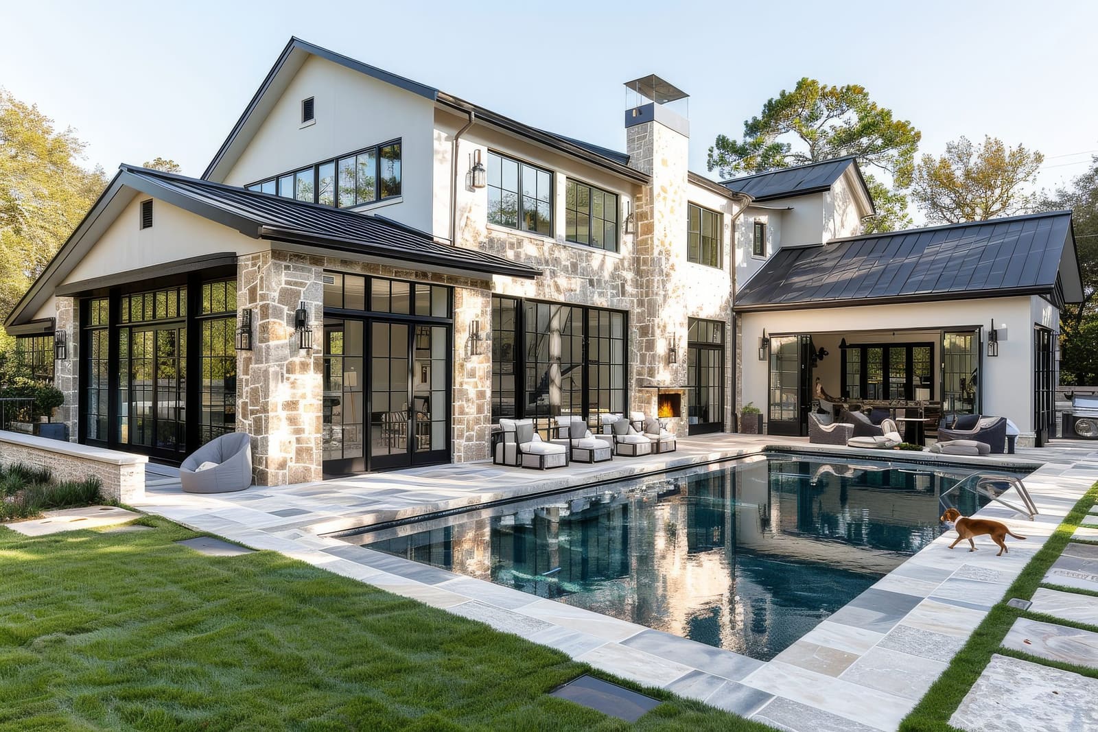 A Keystone listing: modern farmhouse with a backyard pool, firepit and kept lawn, photographed at the visit