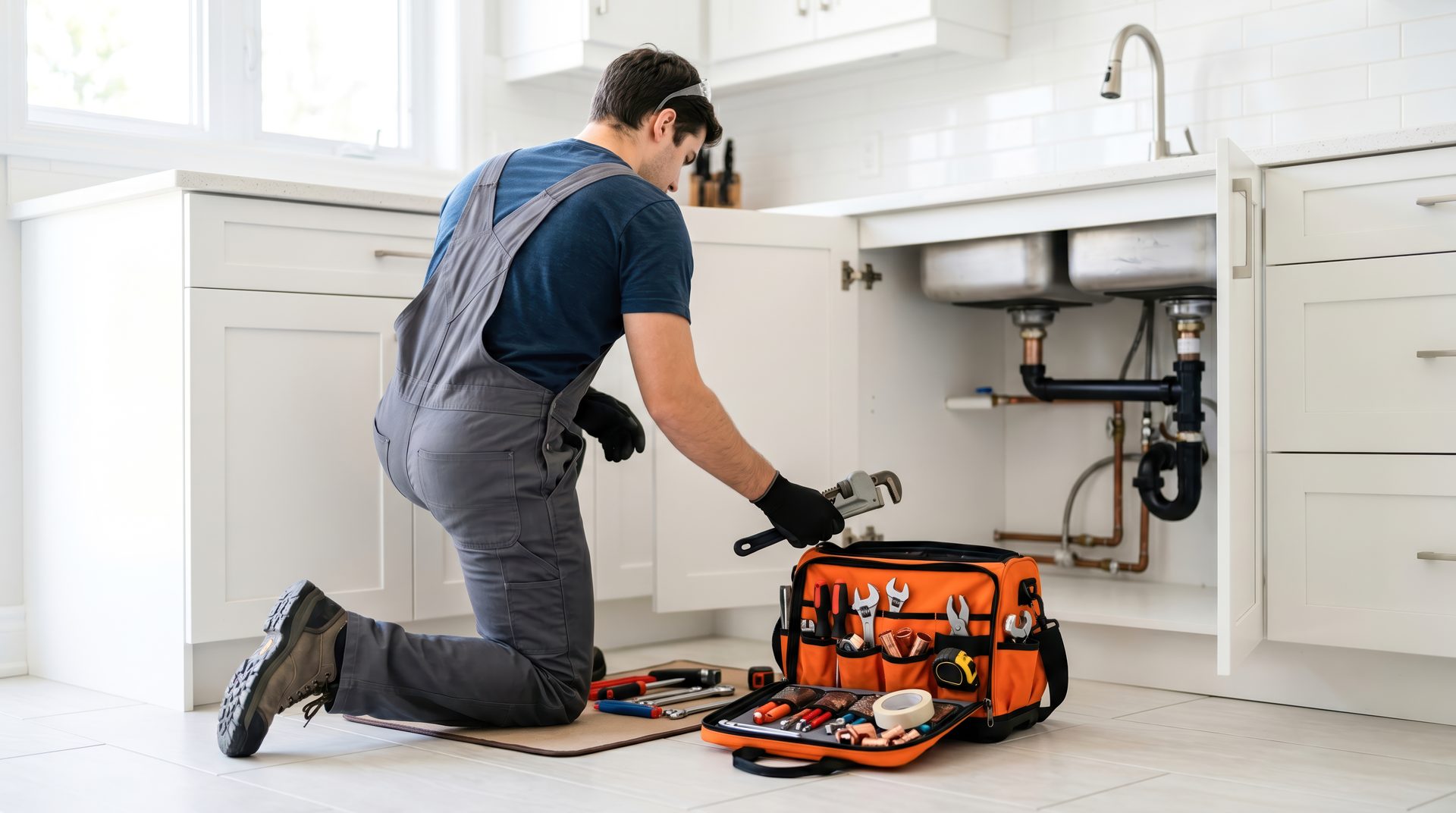Mainline plumber tightening a pipe fitting under a kitchen sink with a wrench