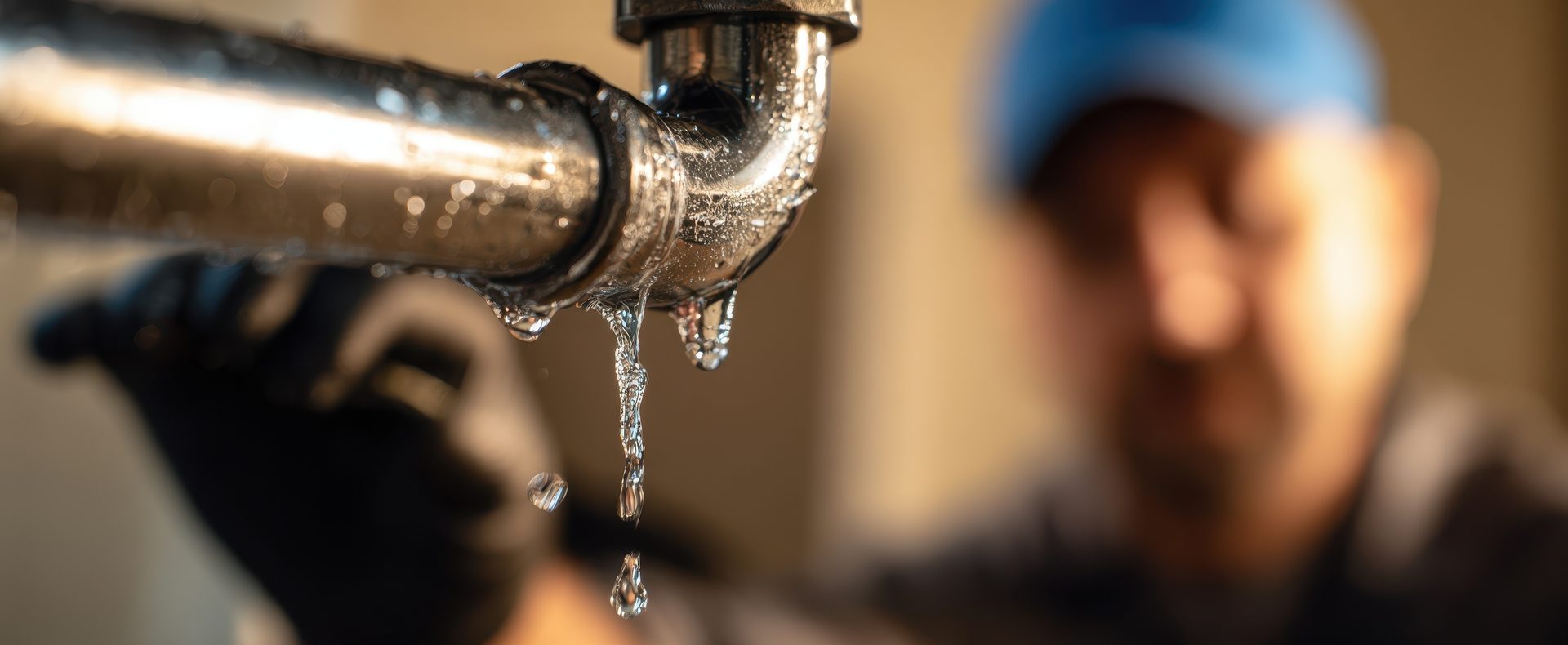 Gloved hand repairing a dripping faucet during a plumbing call