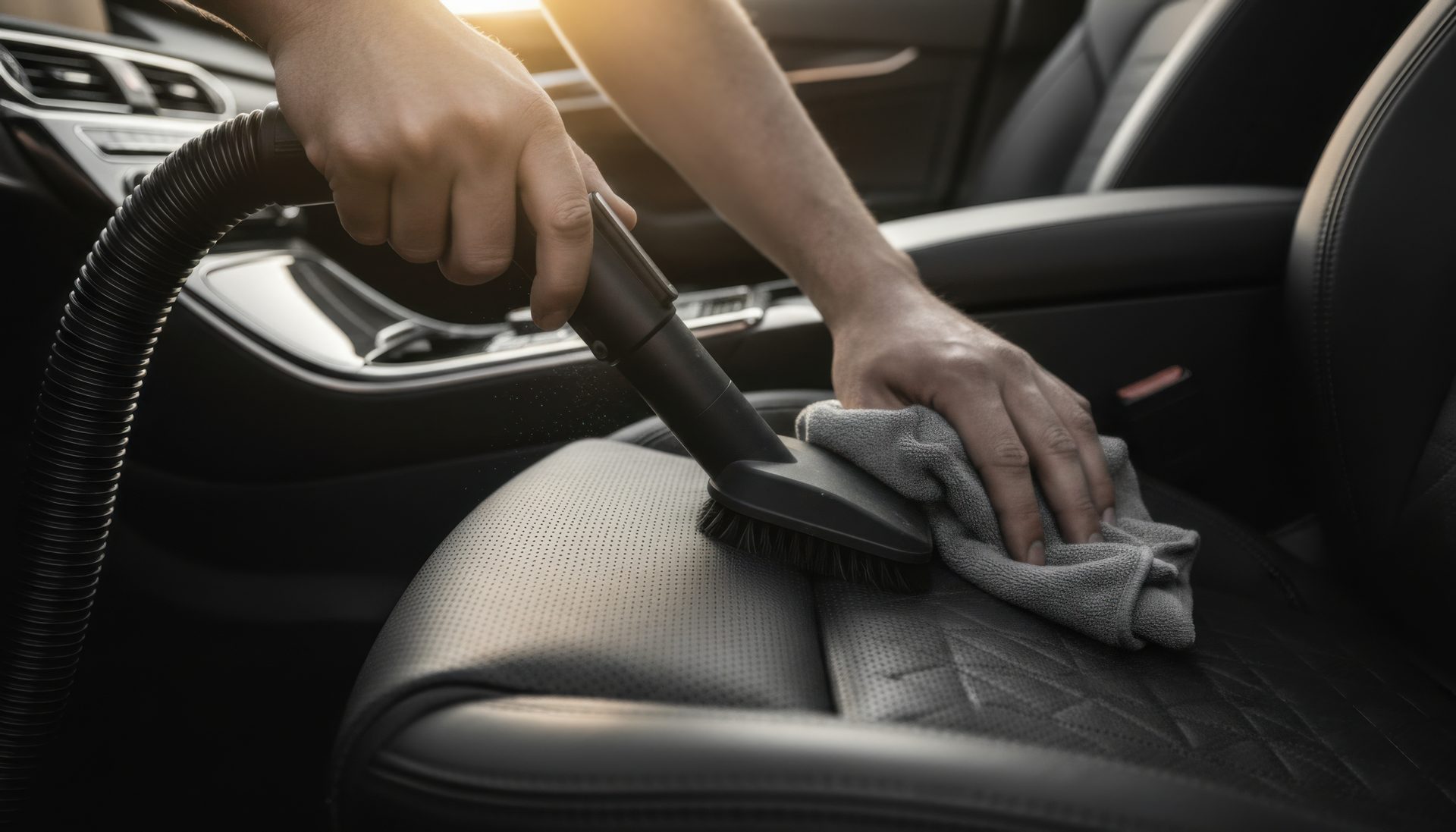Detailer deep-cleaning a black leather car interior