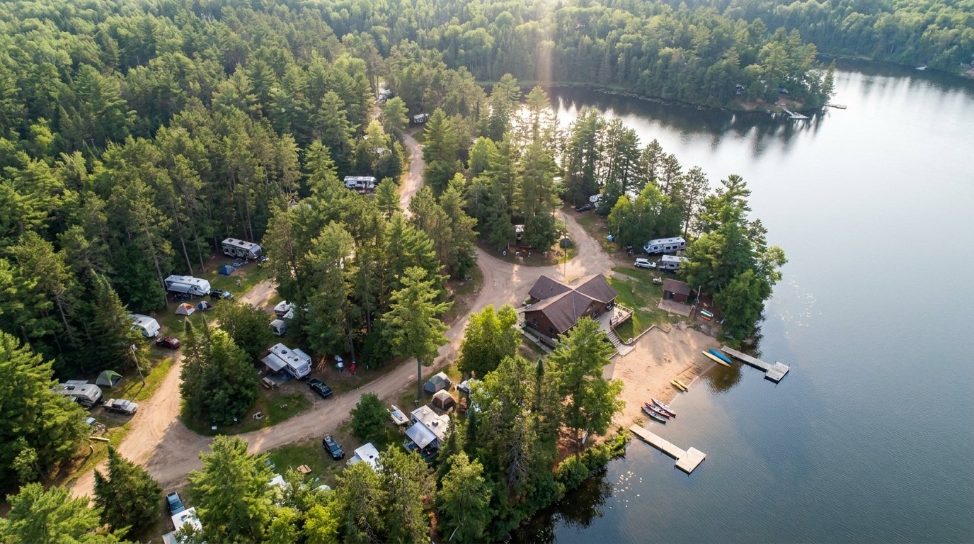 An aerial view of the wooded waterfront campground