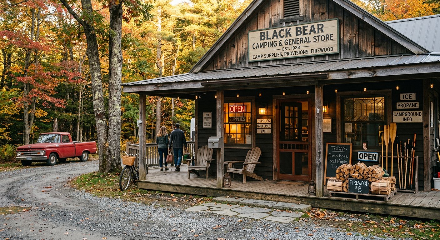 A rustic camp store with firewood and camping essentials