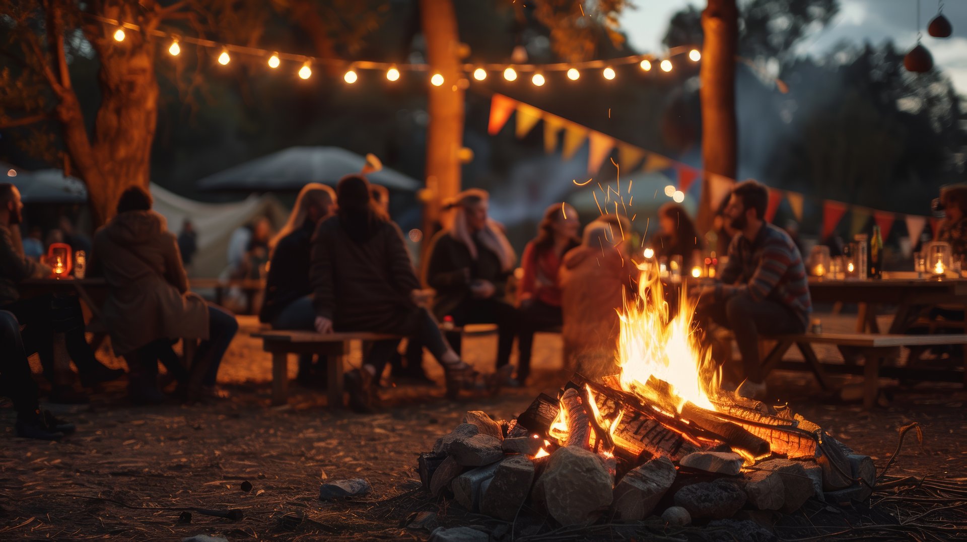 People relaxed around a fire circle at golden hour
