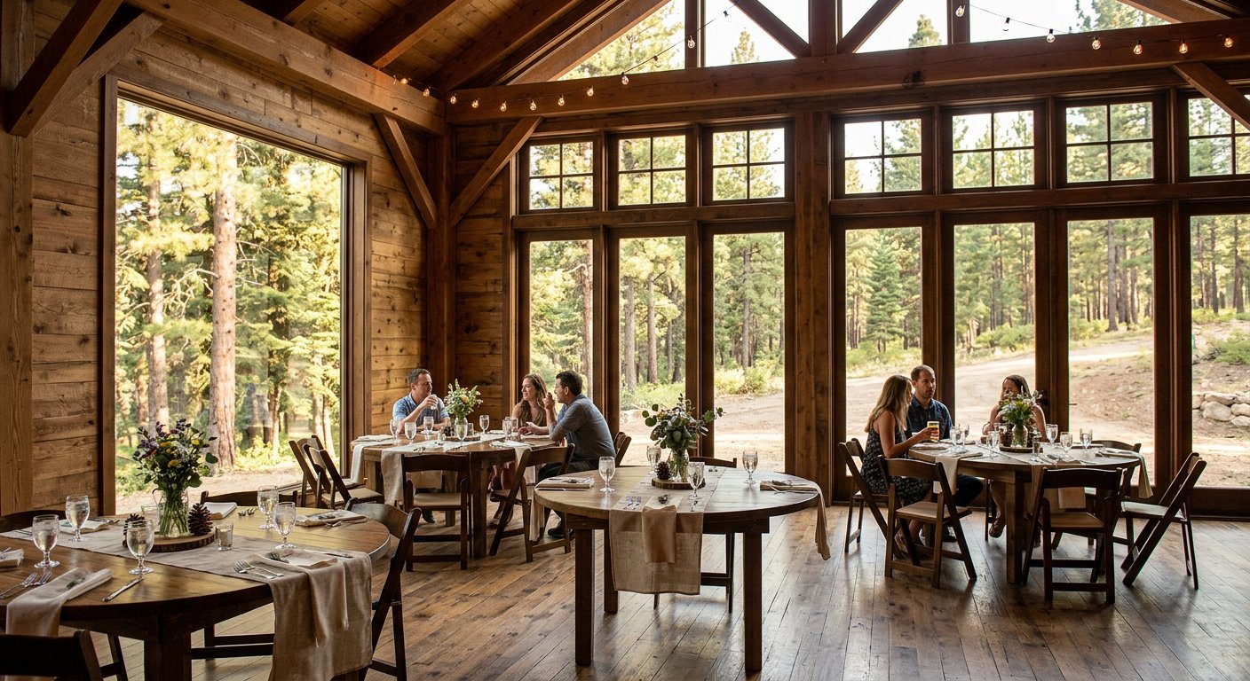 A simple wood function hall set up for a gathering