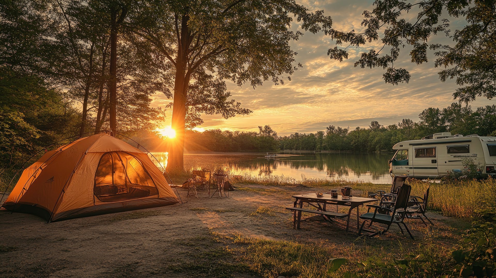 A waterside campsite at blue-hour dusk, a fire circle glowing and calm water behind