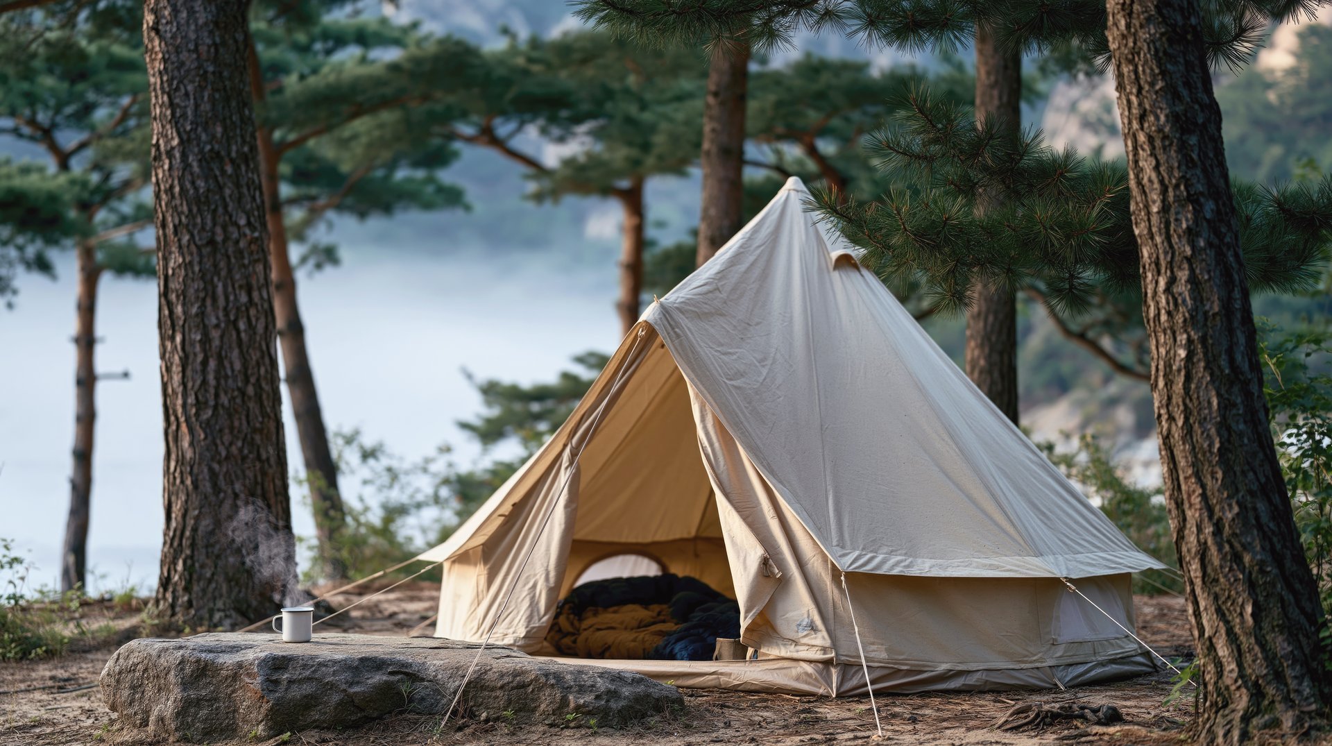 Waterfront campsites on a calm Maine cove in clean morning light, dark pines along the shore