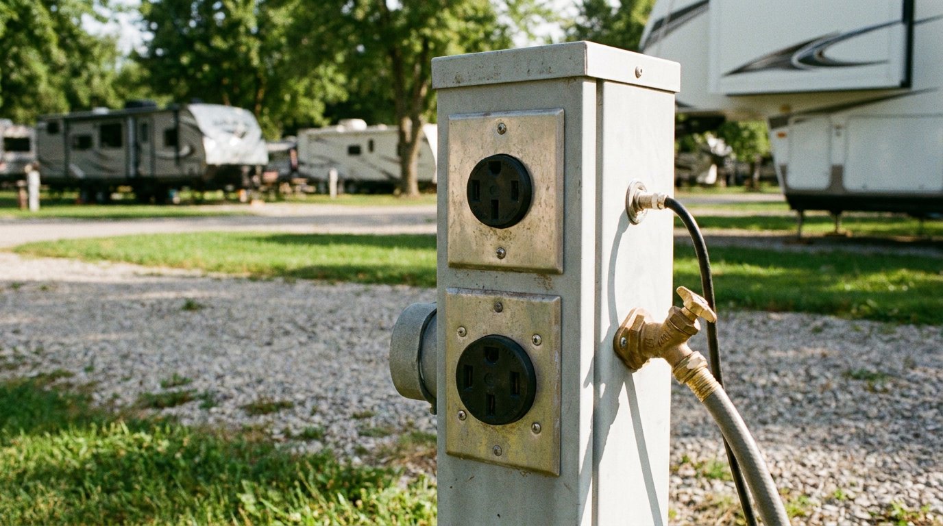 An RV utility pedestal with 30 and 50 amp power, water, and cable