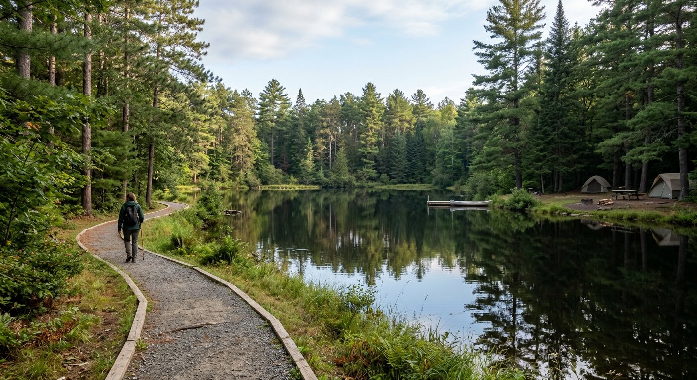 A calm pond with reflections and a walking path through the pines