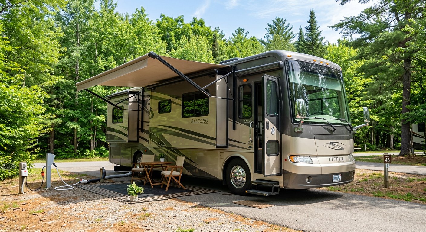 A clean motorhome at a full-hookup pad with the awning out
