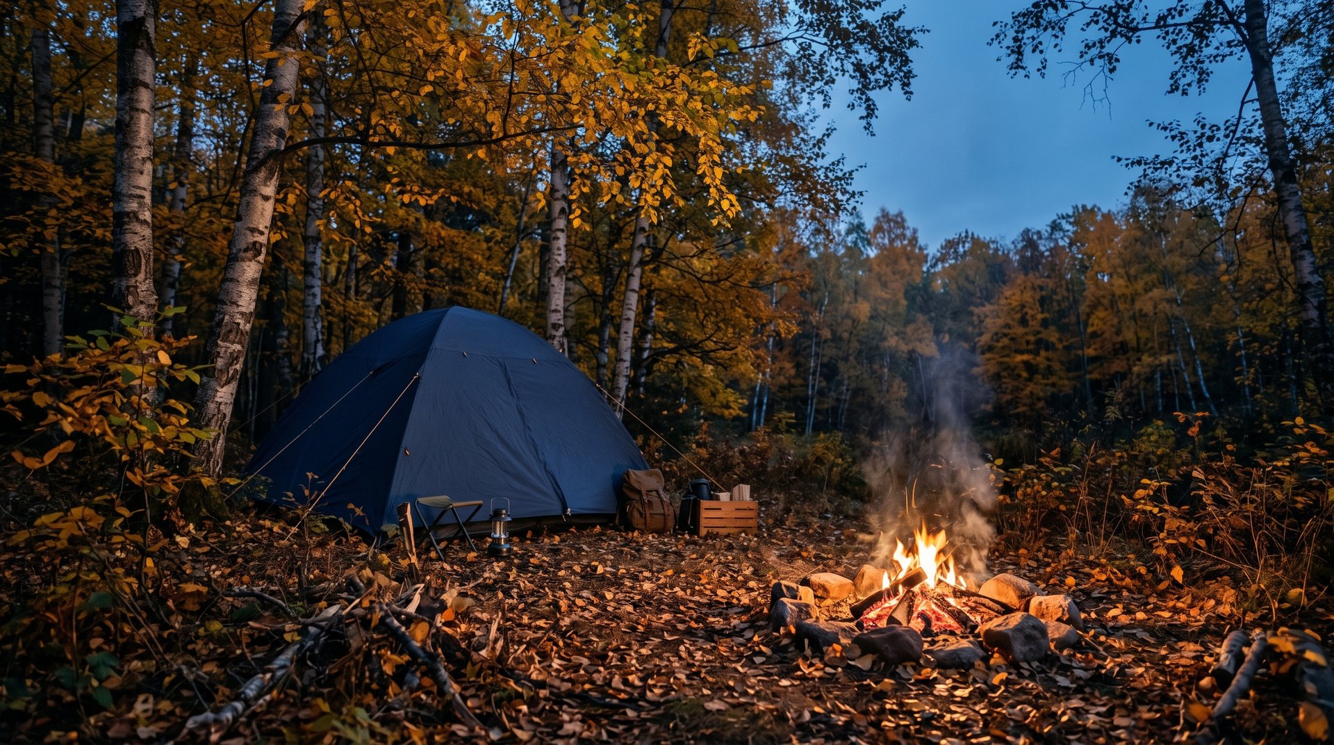 A shaded wooded campsite among tall pines with a picnic table and fire ring