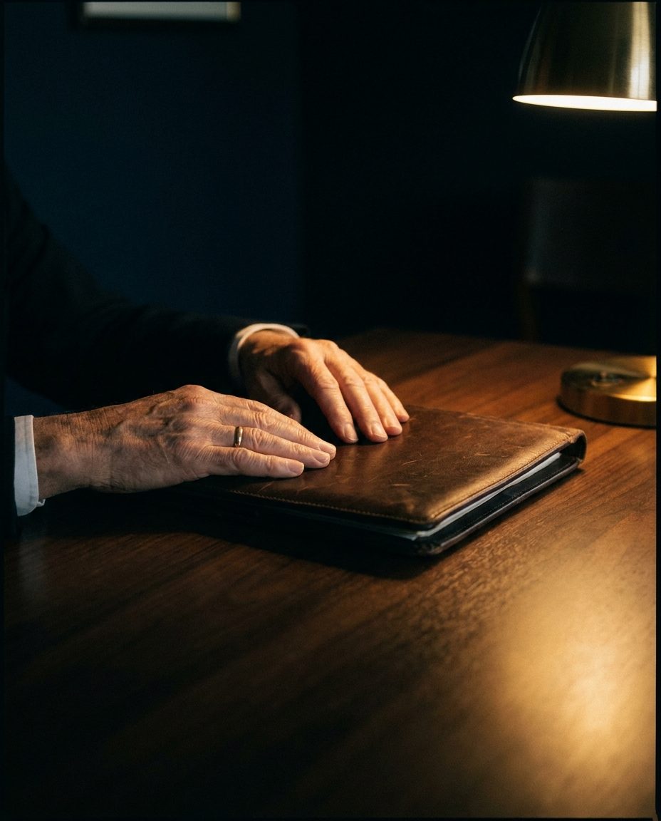 Hands resting on a client folder in warm lamplight