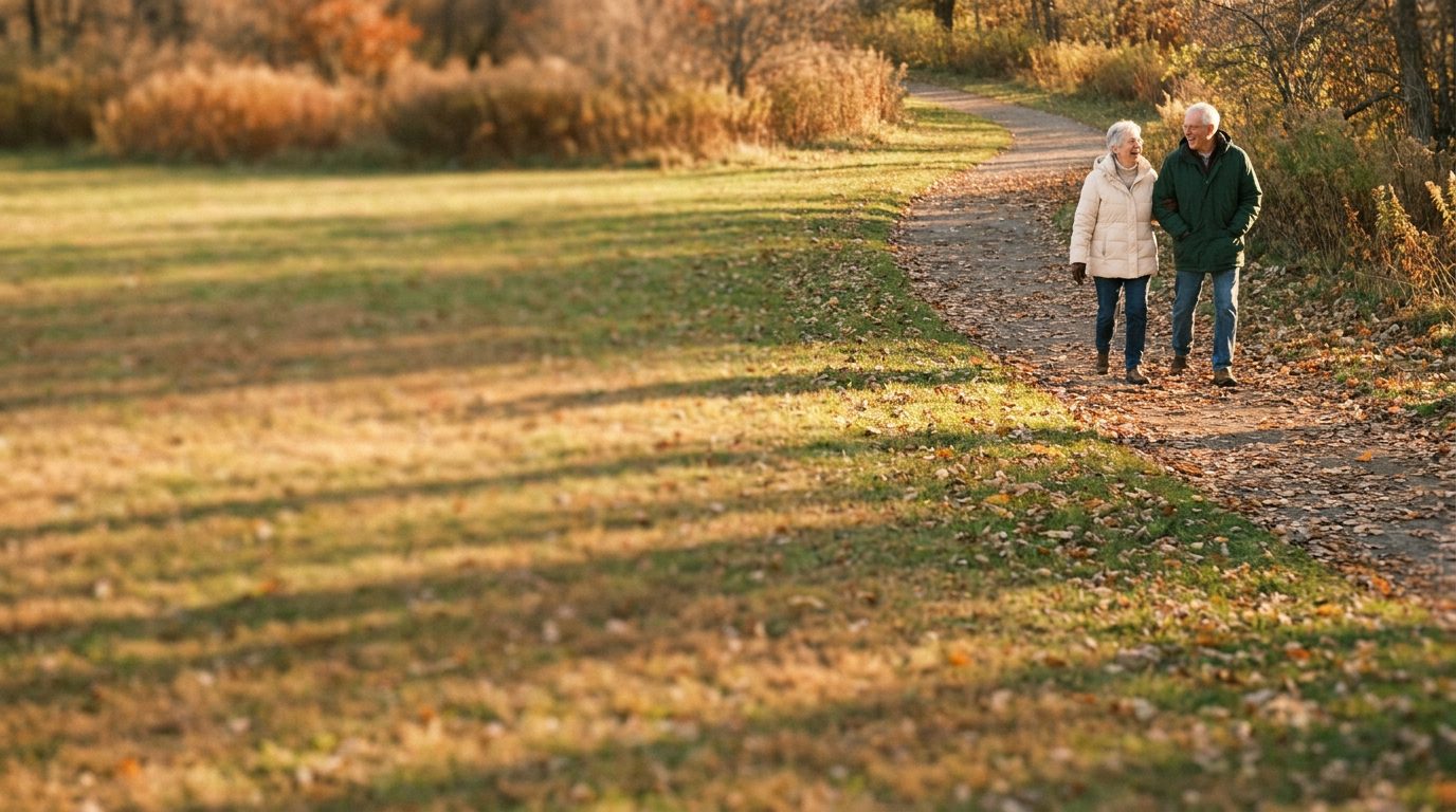 A joyful, active senior couple in warm golden light