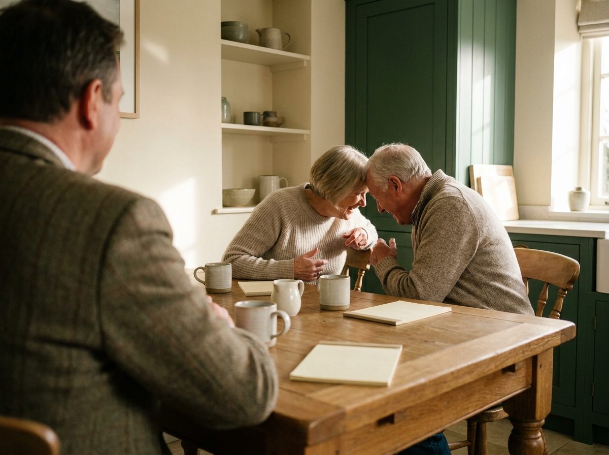 An advisor sitting with an older couple at their kitchen table, going through the options