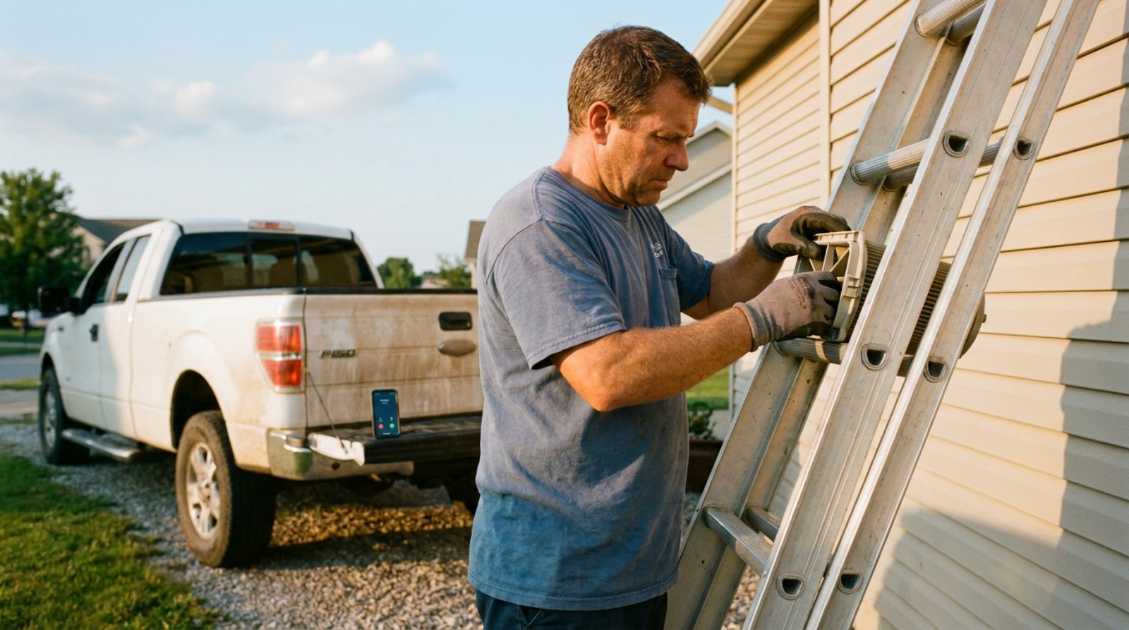 A service technician on a ladder at a house while his phone rings on the truck tailgate behind him