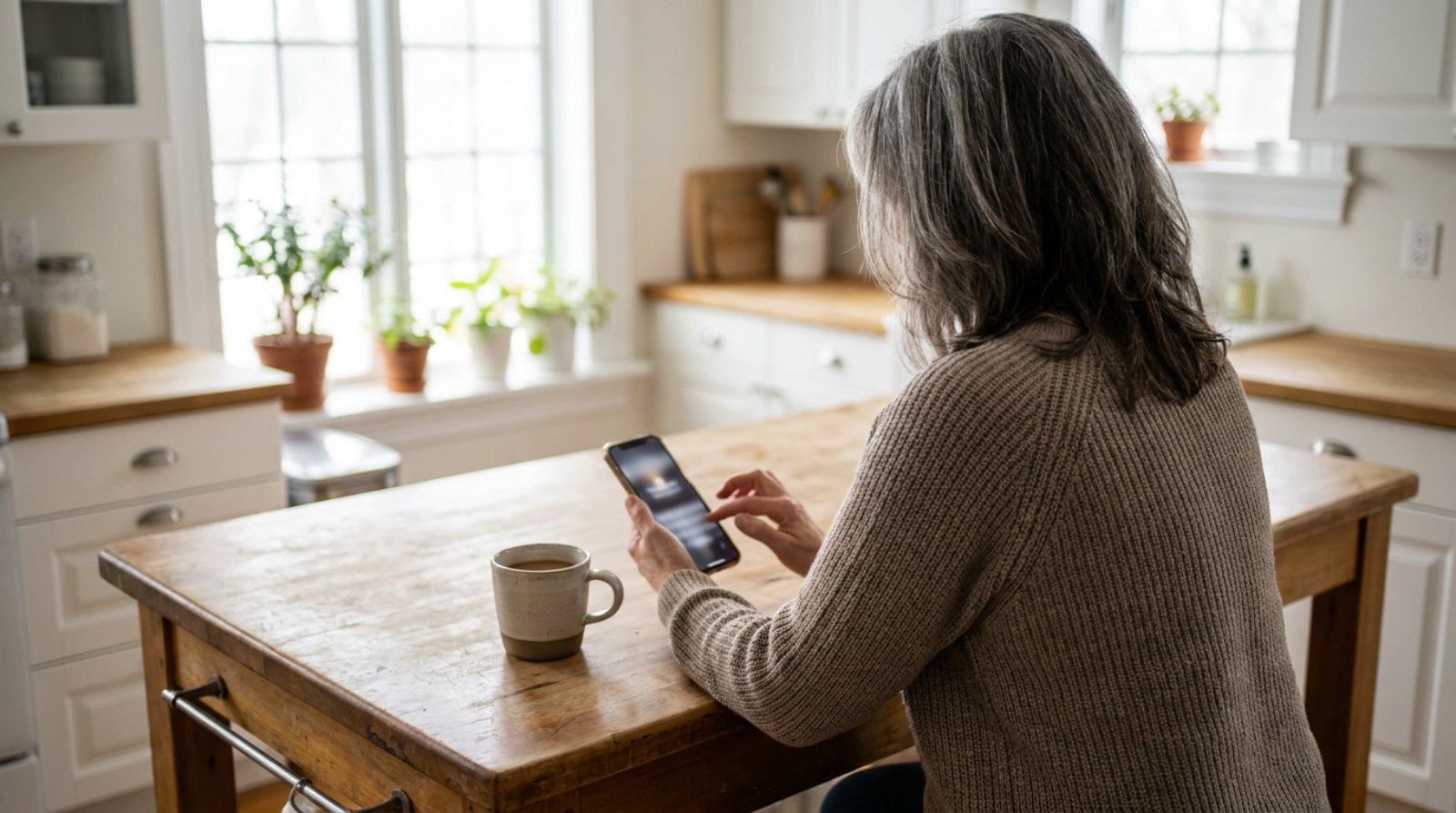 A homeowner at a kitchen table searching on her phone in the morning