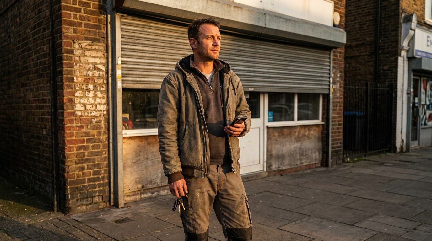 A shop owner locking up at the end of the day, phone in hand, golden hour