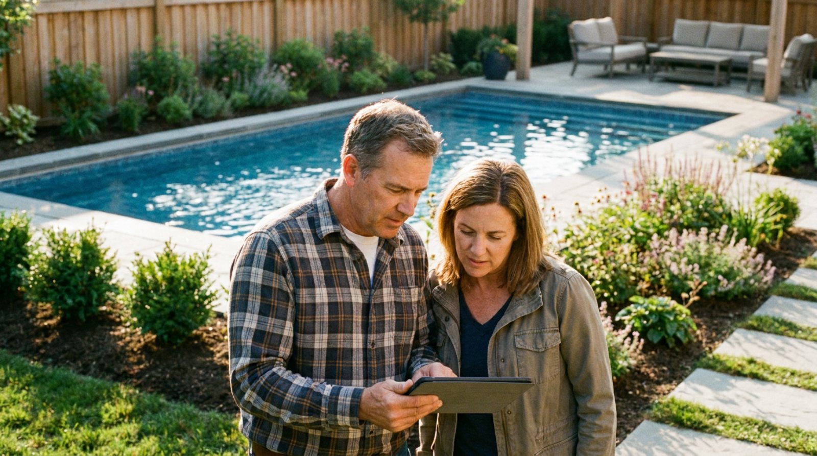 A contractor and a homeowner looking at a tablet together beside a finished pool