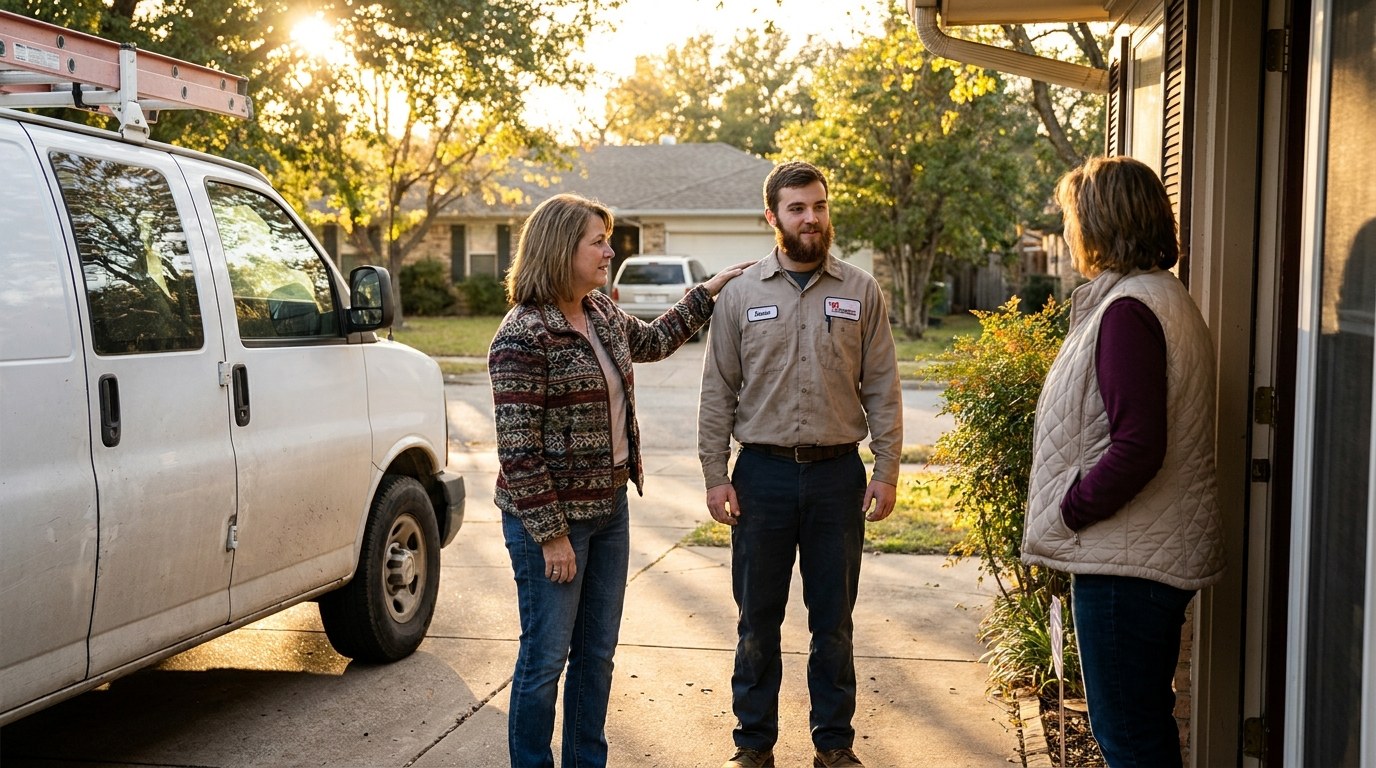A woman introducing a tradesman to a homeowner beside his van in late afternoon light
