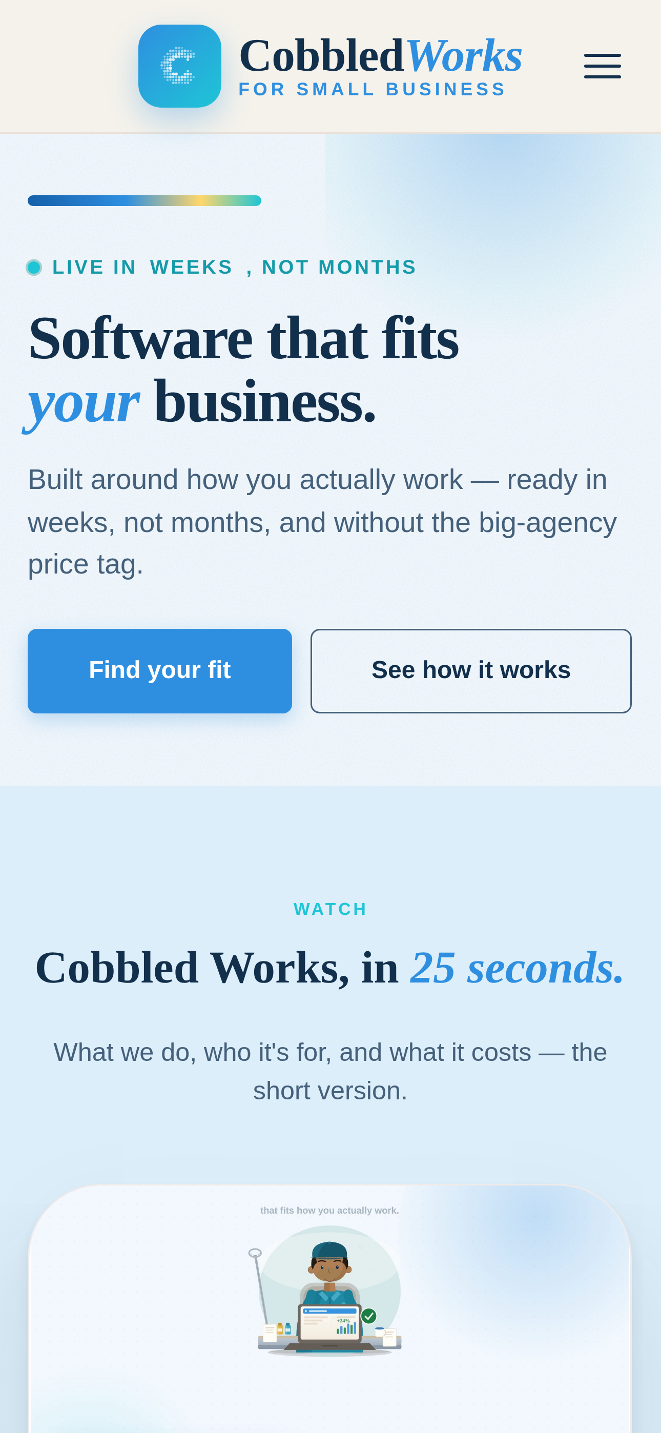 The CobbledWorks site on a phone, reading Software that fits your business