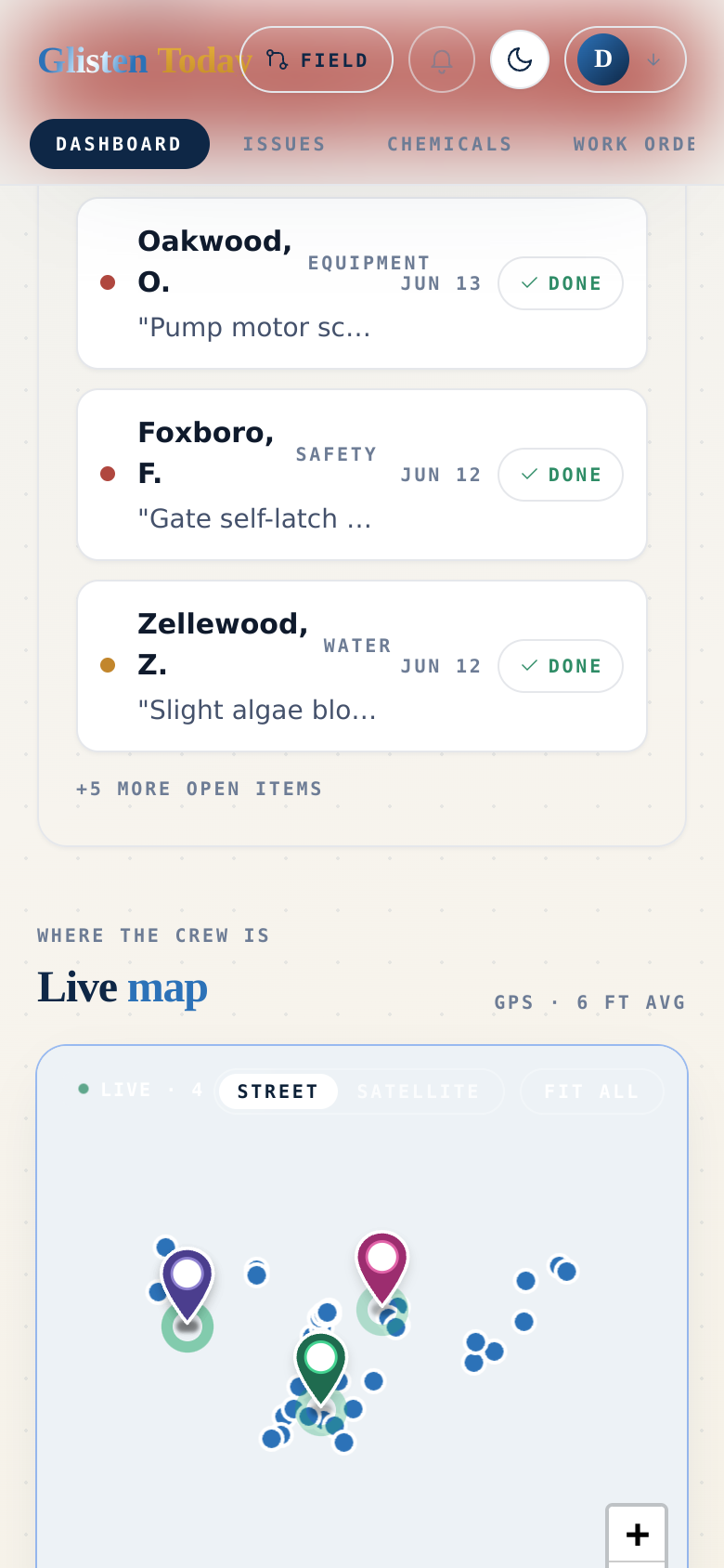 The Glisten owner control room — live overview, crews, and a live map of the field — mobile view