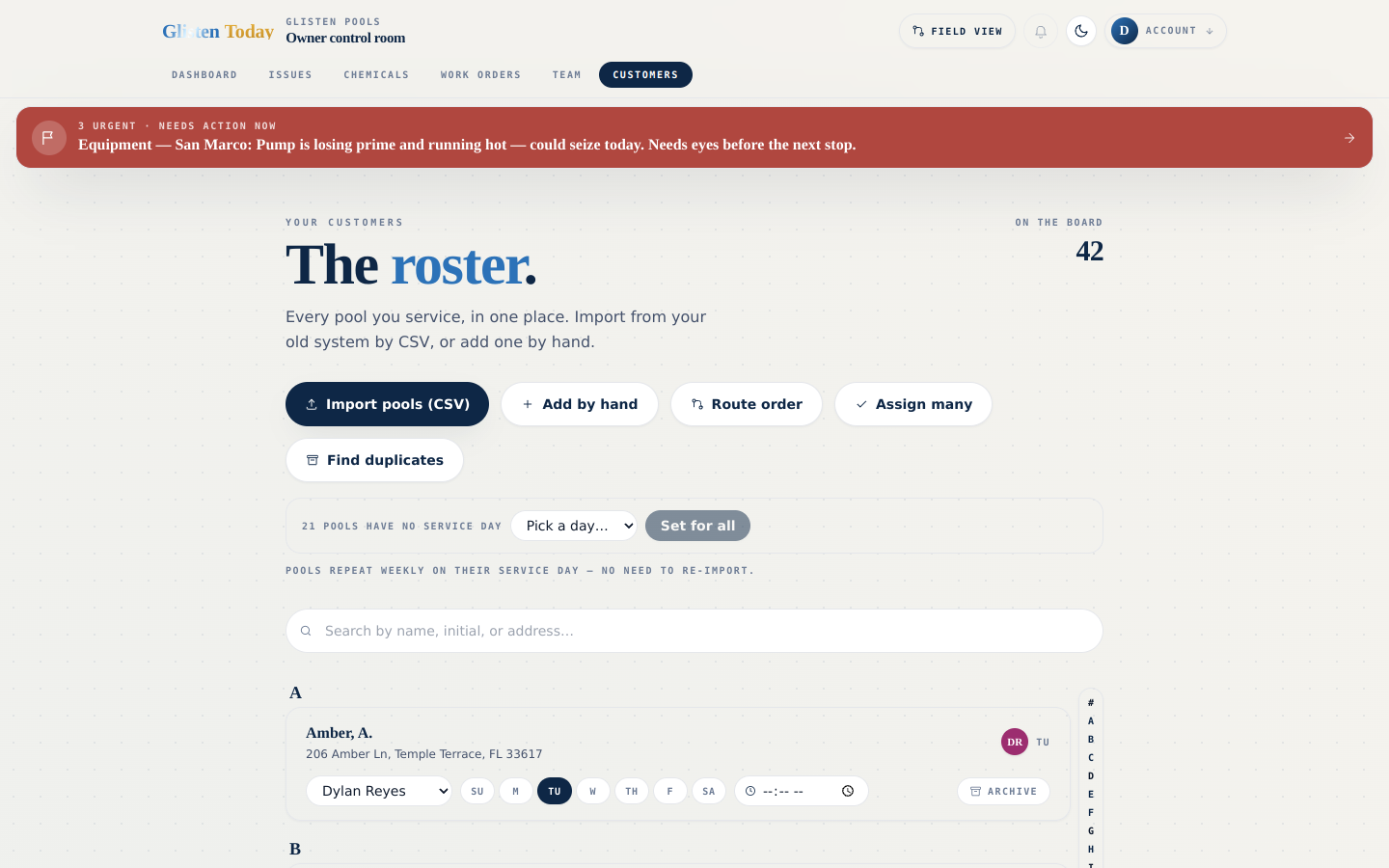 Glisten Pools — the customer roster and per-property proof history