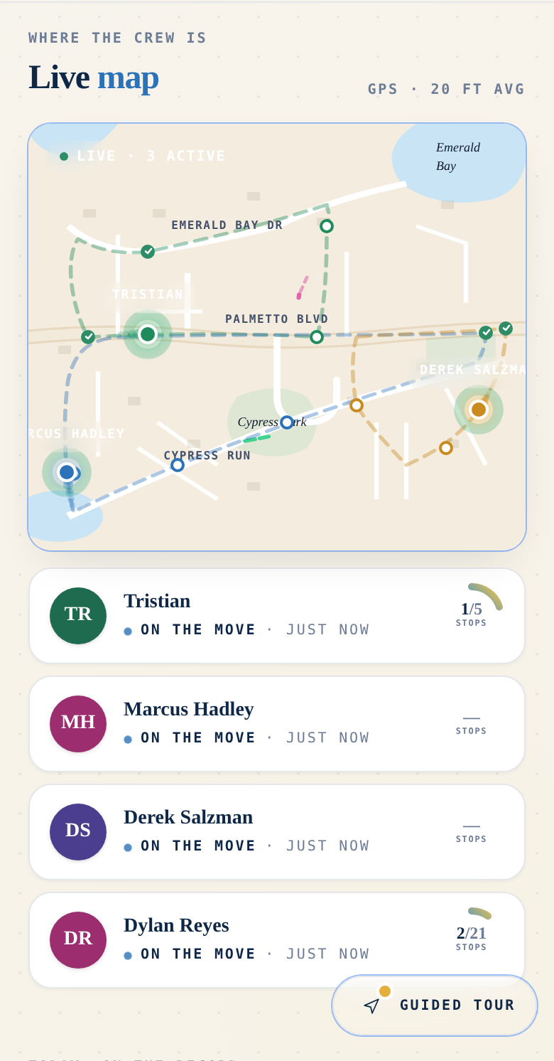 The tech's phone showing the day's route, with a stop flagged in gold for something to watch out for on arrival