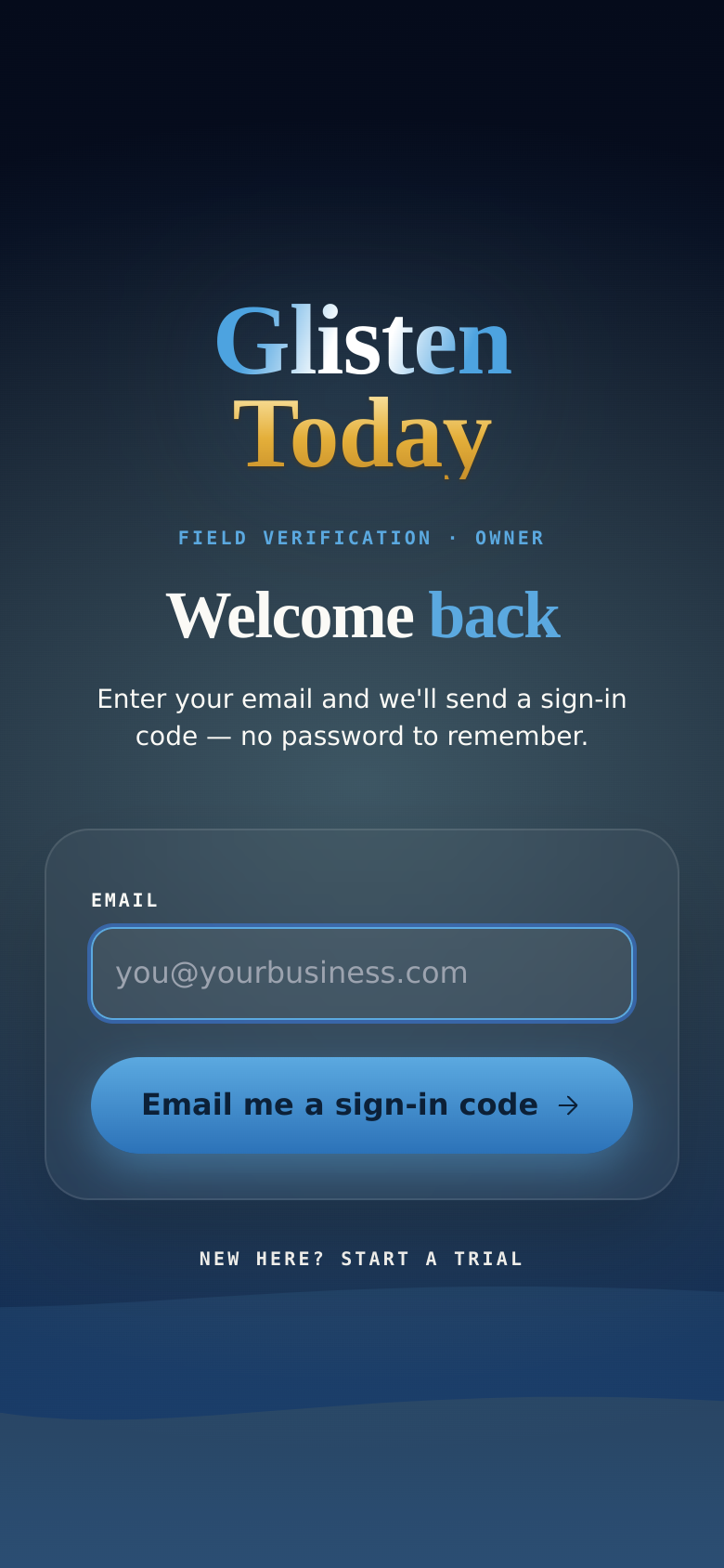 The Glisten owner sign-in — Welcome back, with the crew's shield logo — mobile view
