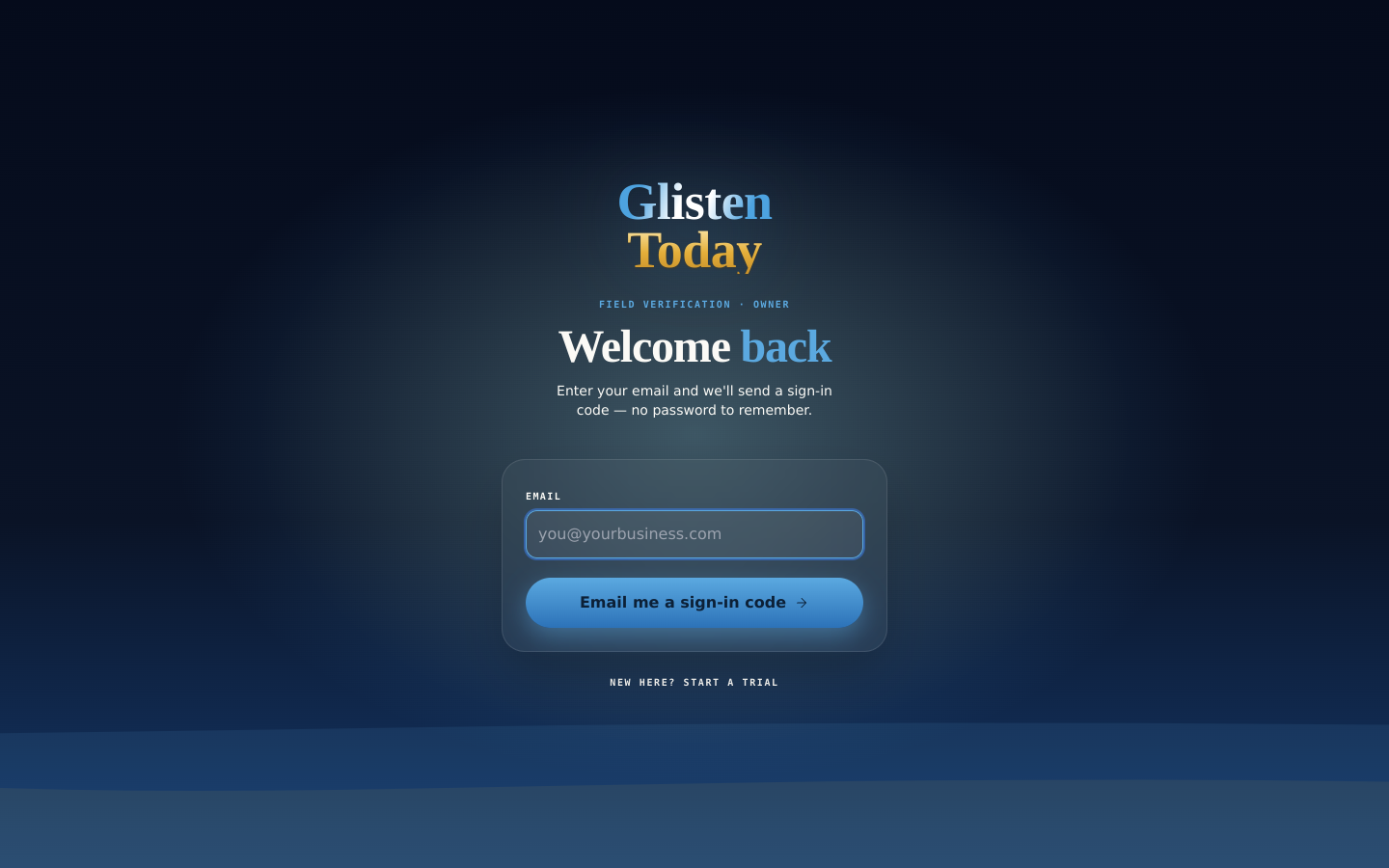 The Glisten owner sign-in — Welcome back, with the crew's shield logo