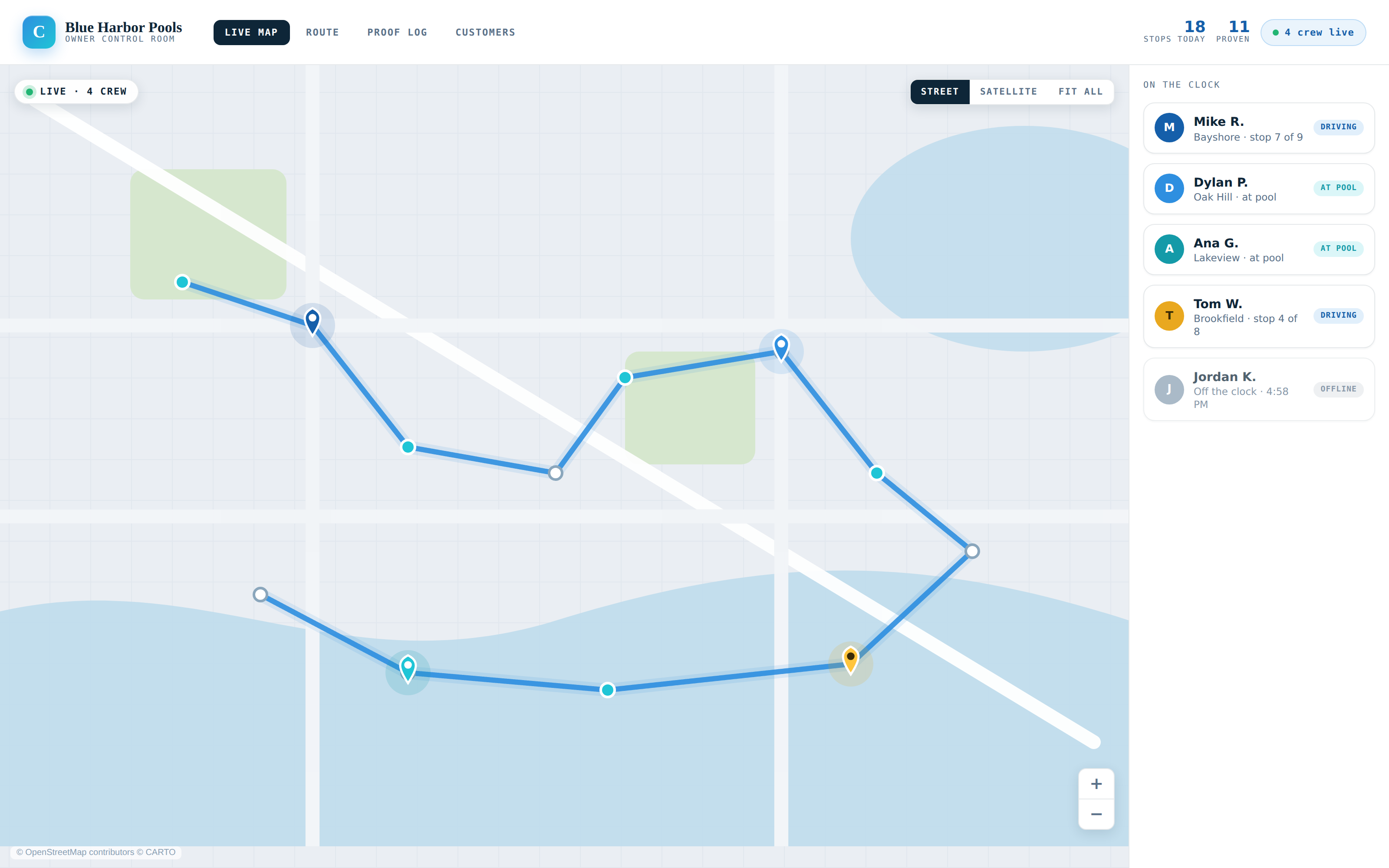 The owner control room — a live crew map with every truck's position, the day's route and serviced stops, and a crew-status rail