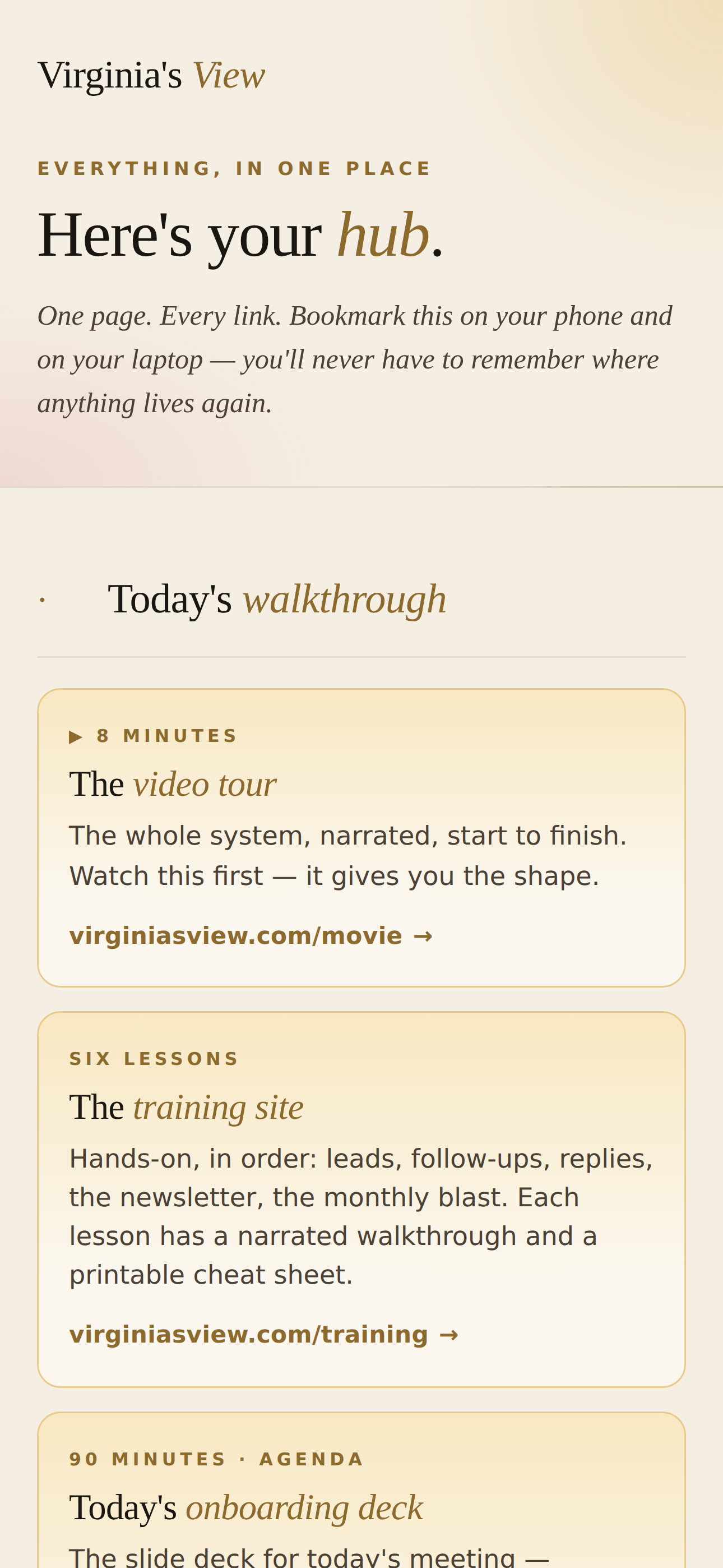 Virginia’s View — the member hub, one page with every link — mobile view