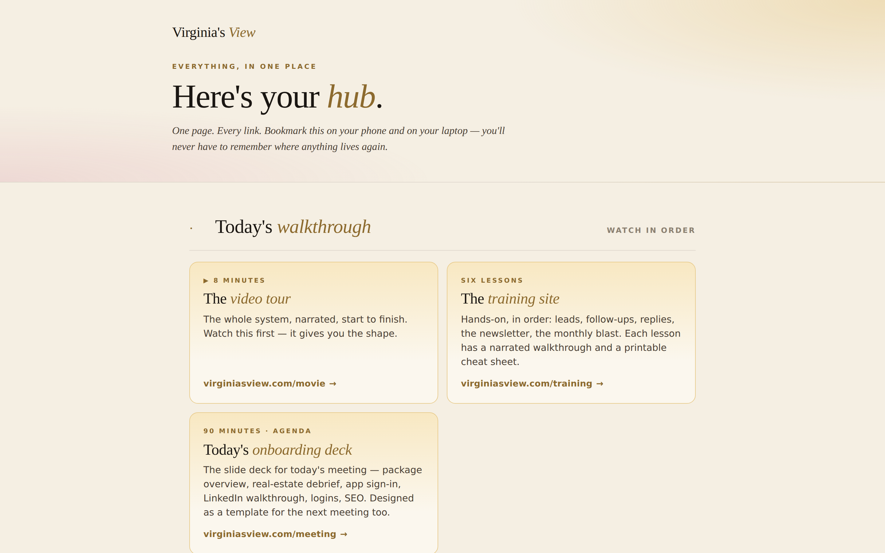 Virginia’s View — the member hub, one page with every link